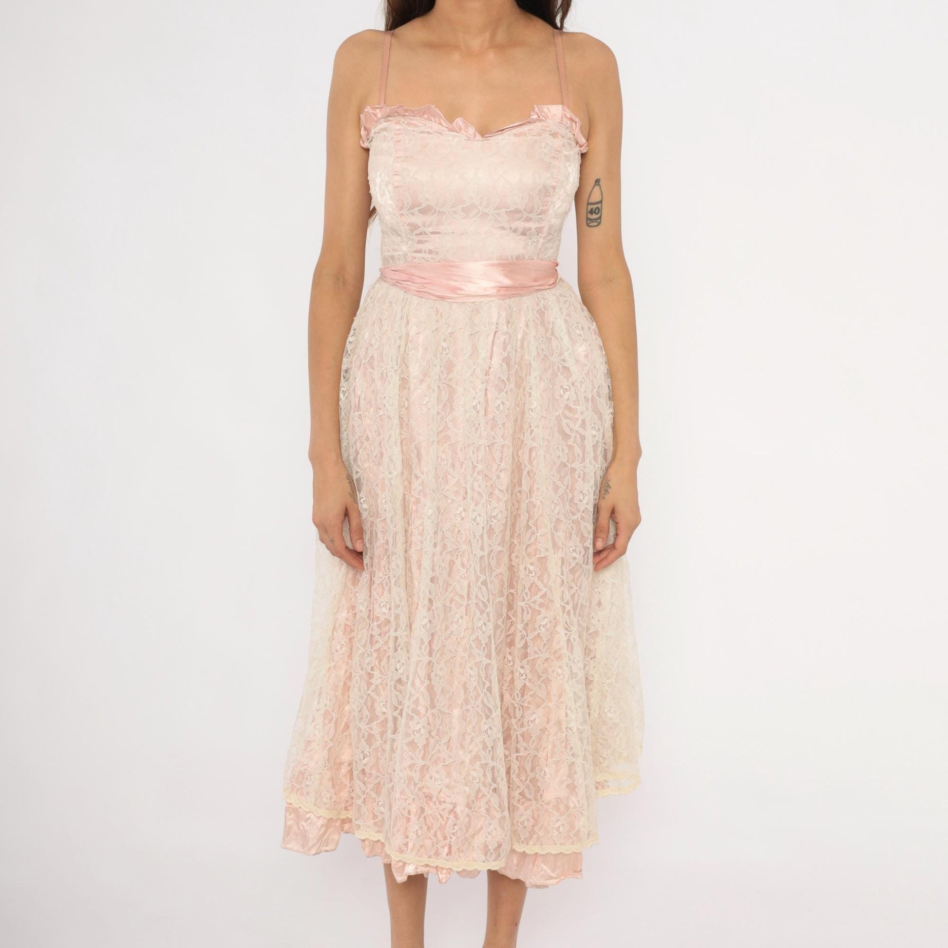 60s Blush Pink Lace Midi Dress Sweetheart Neckline Satin Bow Back Extra Small XS
