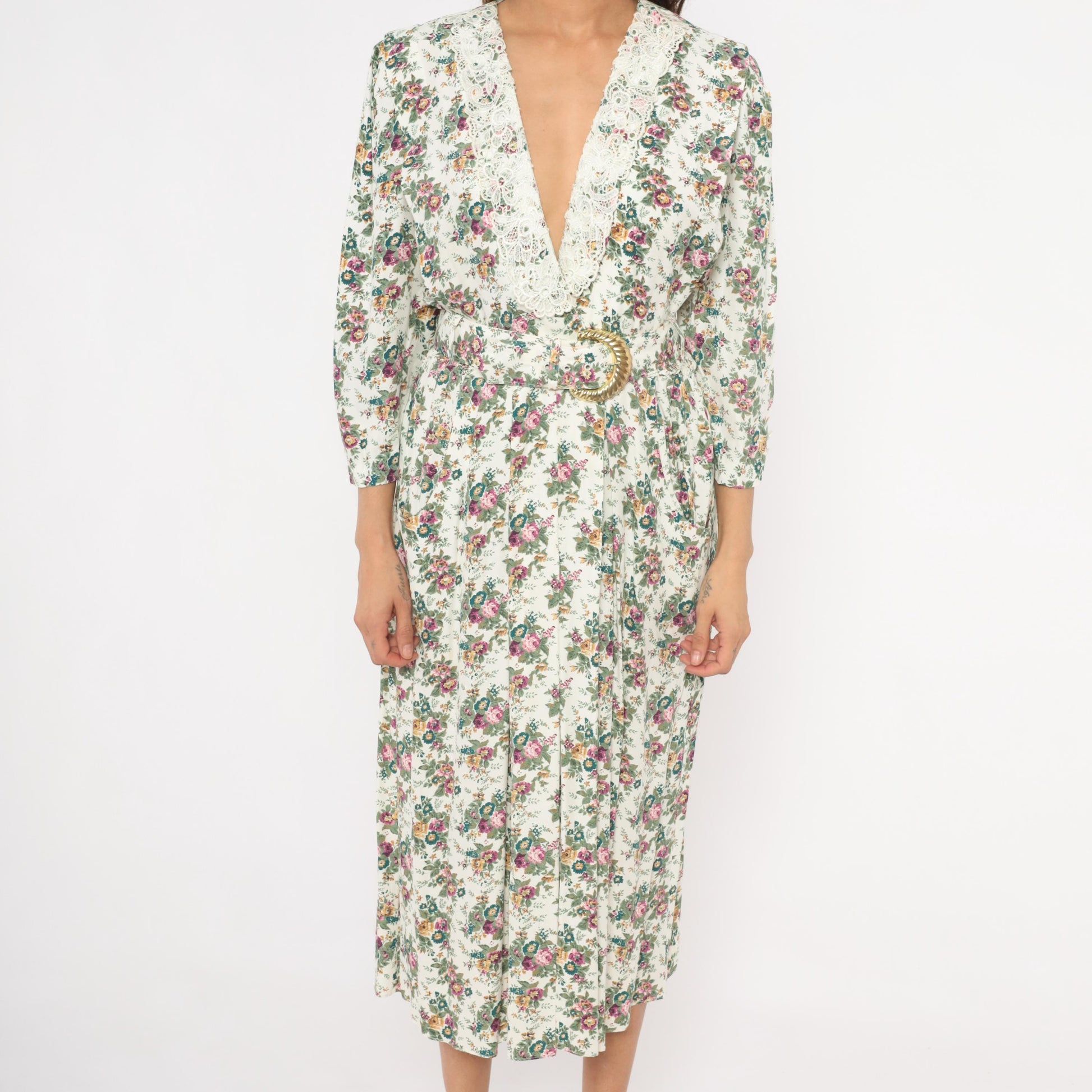 90s SL Fashions Floral Midi Dress Lace Collar V Neck Belted Gold Buckle Medium M
