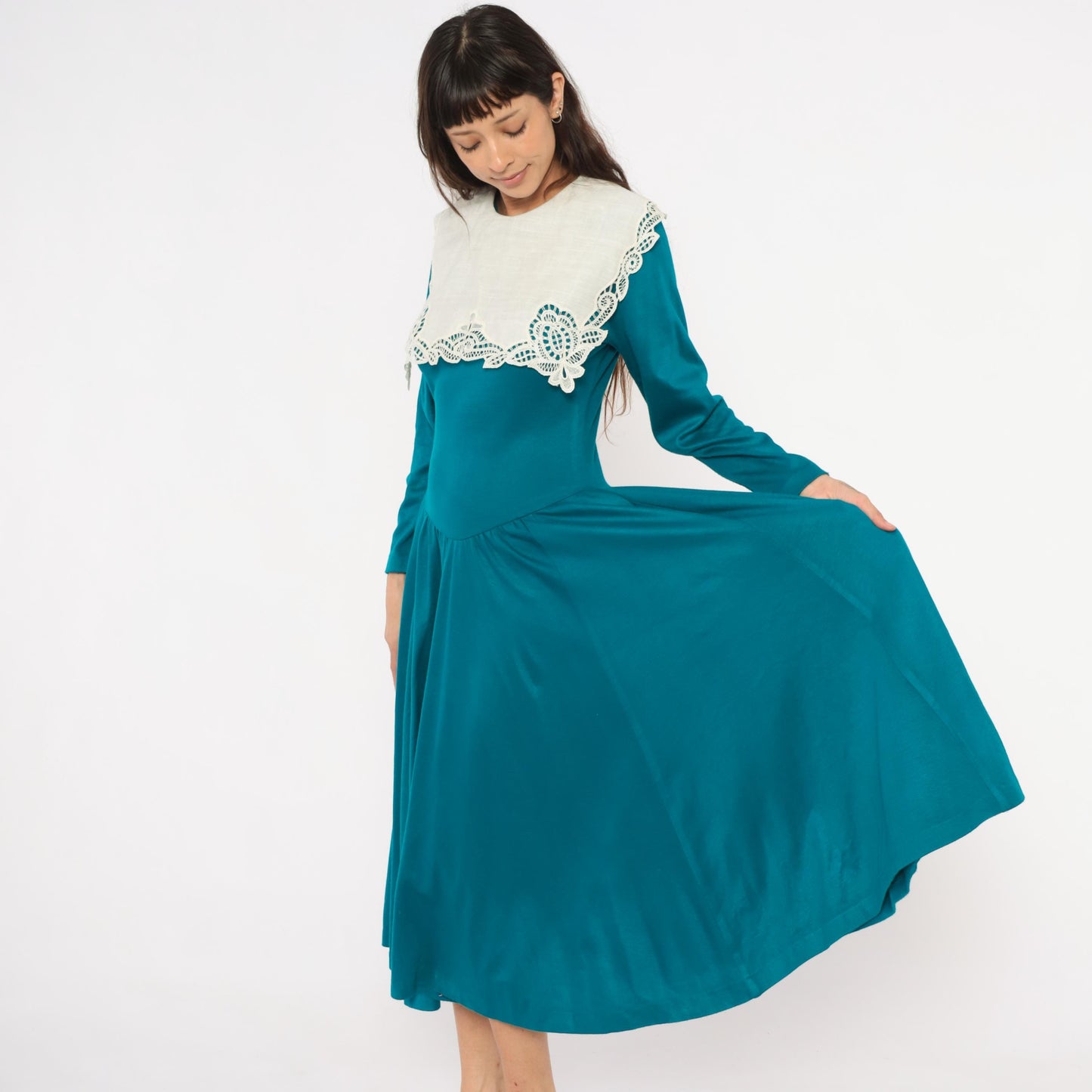 80s Expo Teal Midi Dress Cream Scalloped Lace Collar Small Medium