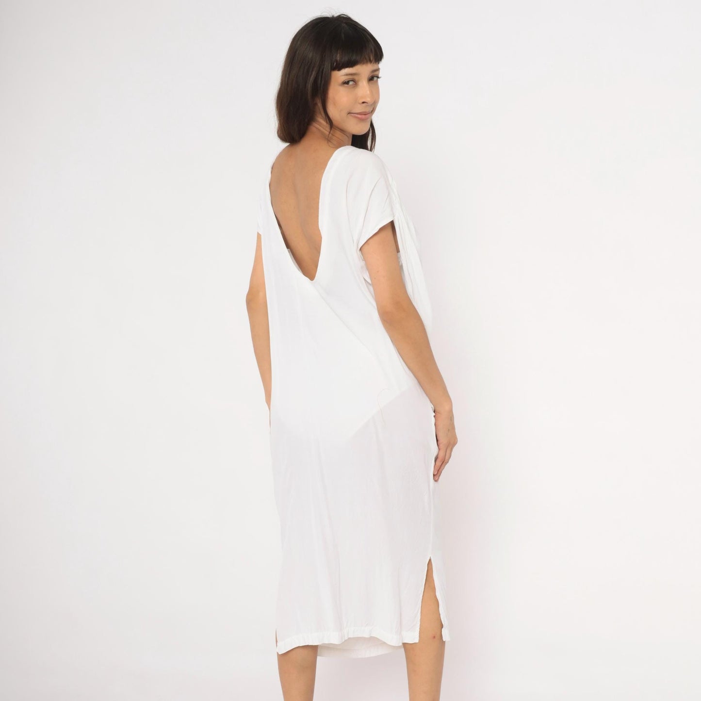 80s Police File White Grecian Midi Dress Cowl Drape Low Back Large L