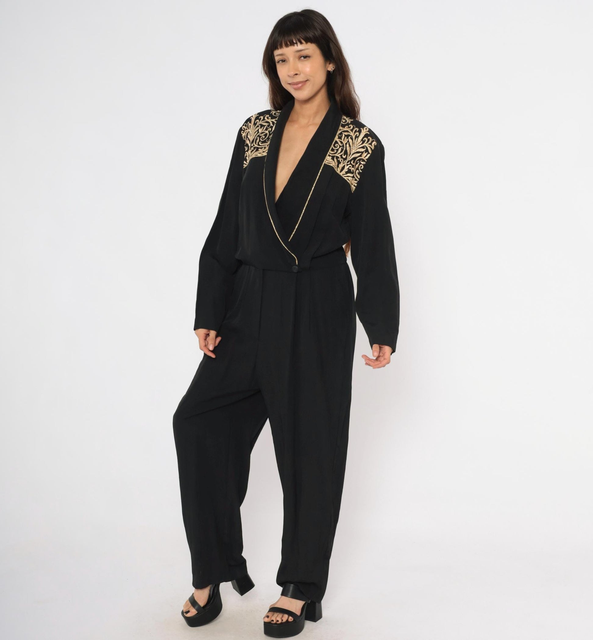 80s John Roberts Black Jumpsuit Gold Embroidered Shawl Collar Wide Leg Large L