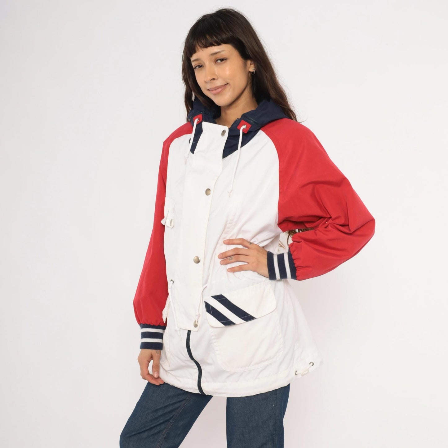 90s Mulberry Street Colorblock Windbreaker Hooded Snap Jacket White Red Navy Medium M