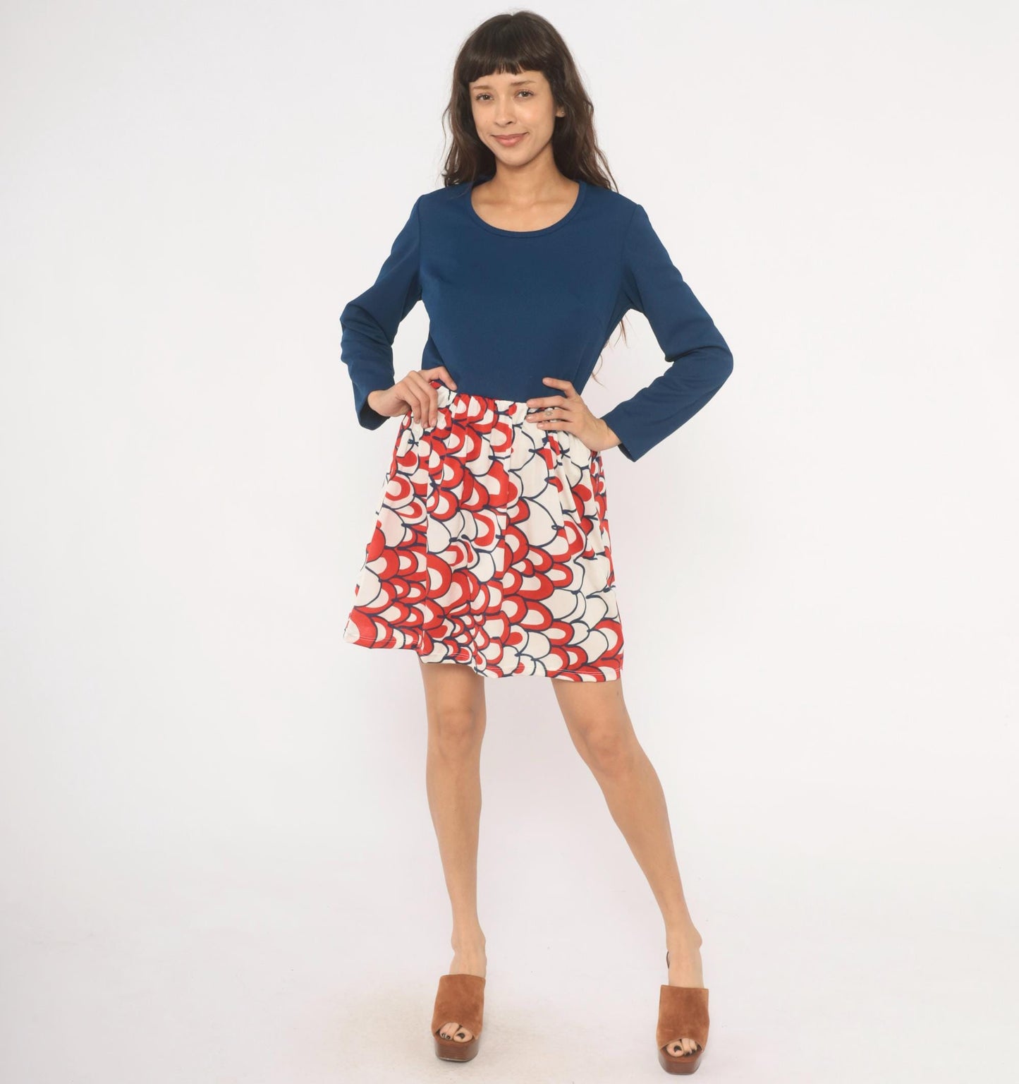70s Mod Colorblock Dress Navy Scallop Print Long Sleeve Knee Length Medium M