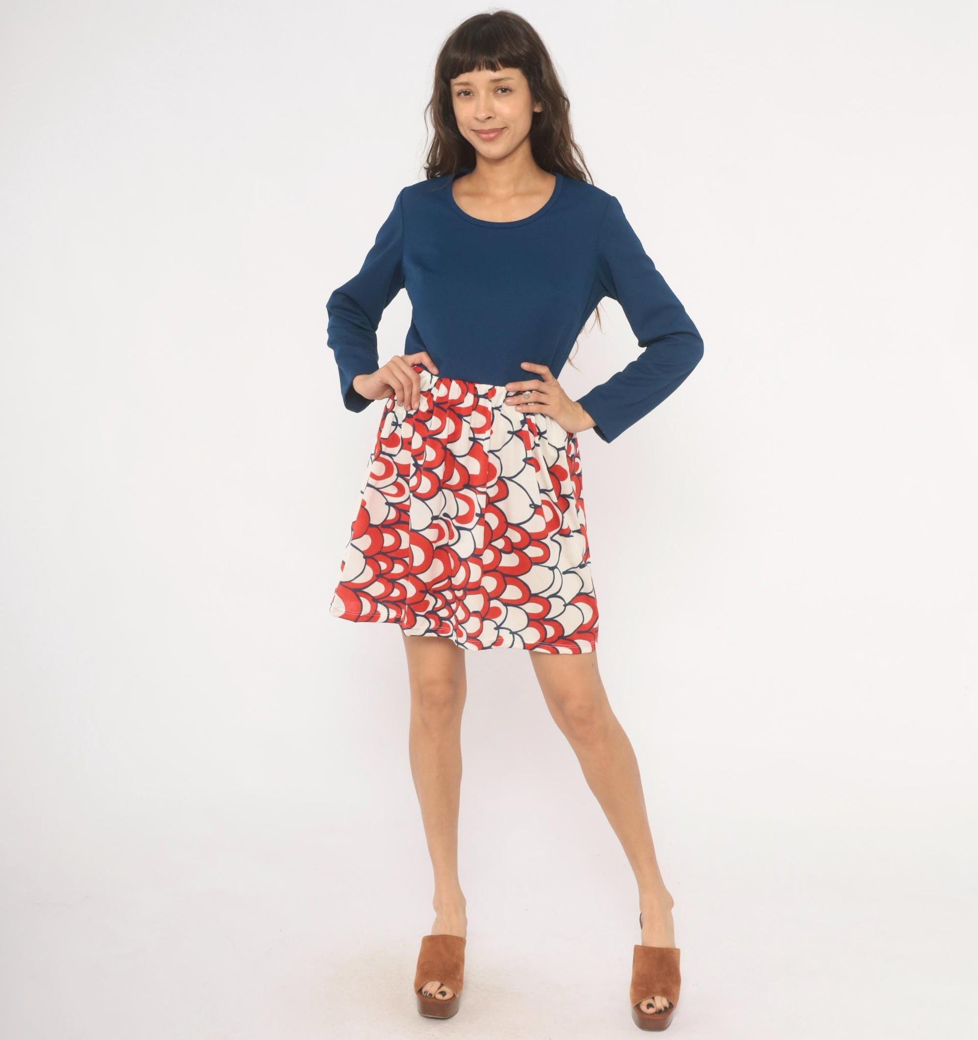 70s Mod Colorblock Dress Navy Scallop Print Long Sleeve Knee Length Medium M