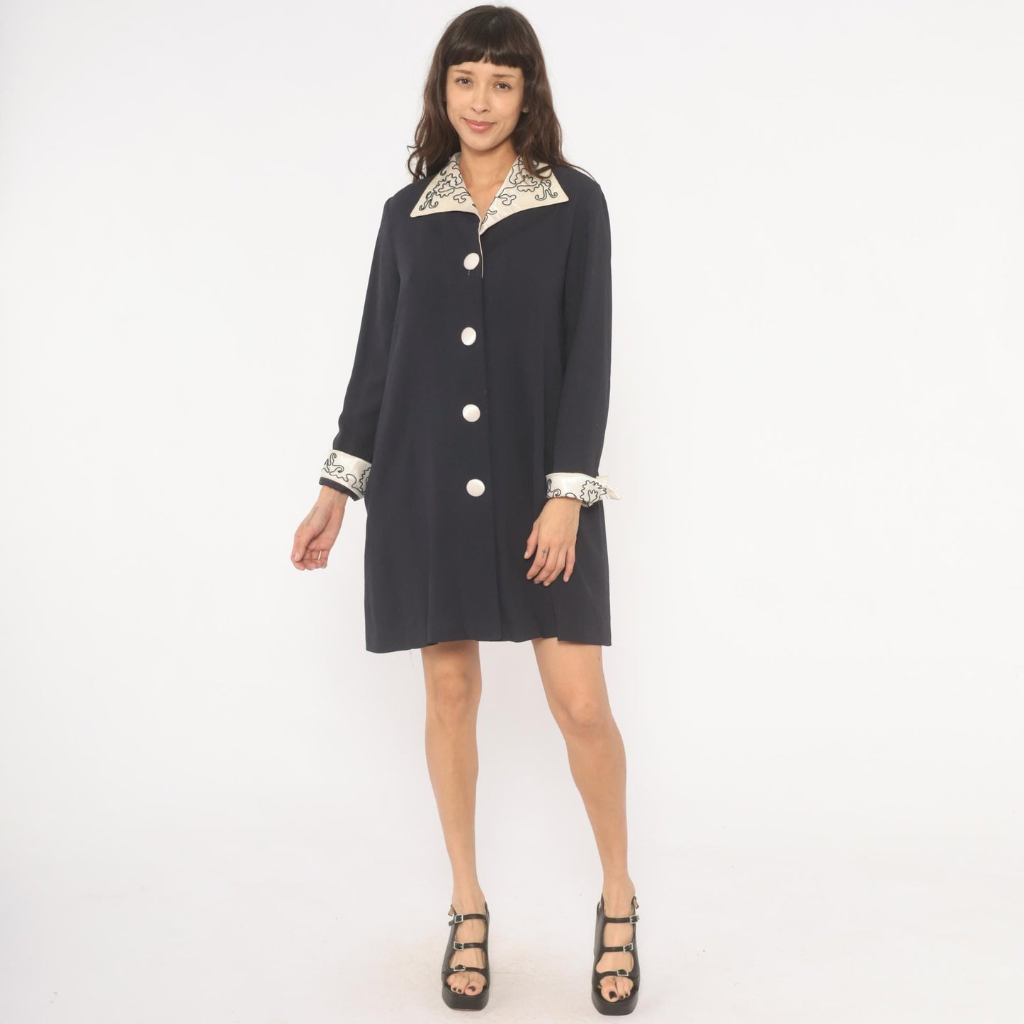 90s Navy Coat Dress Embroidered Ivory Collar White Dome Buttons Medium M