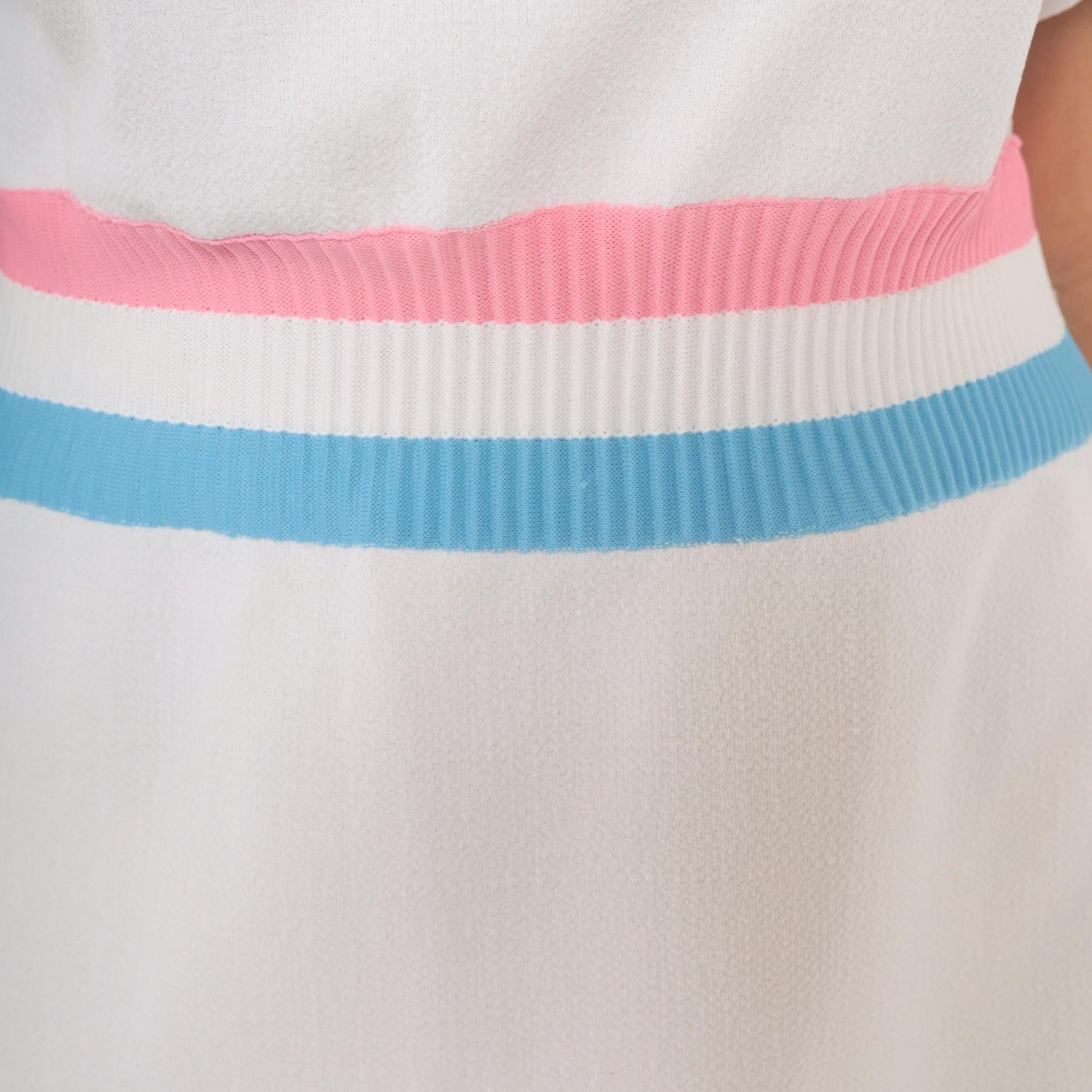 70s White Striped Ribbed Knit Pullover Dress Pink Blue A-Line Knee Length Large L
