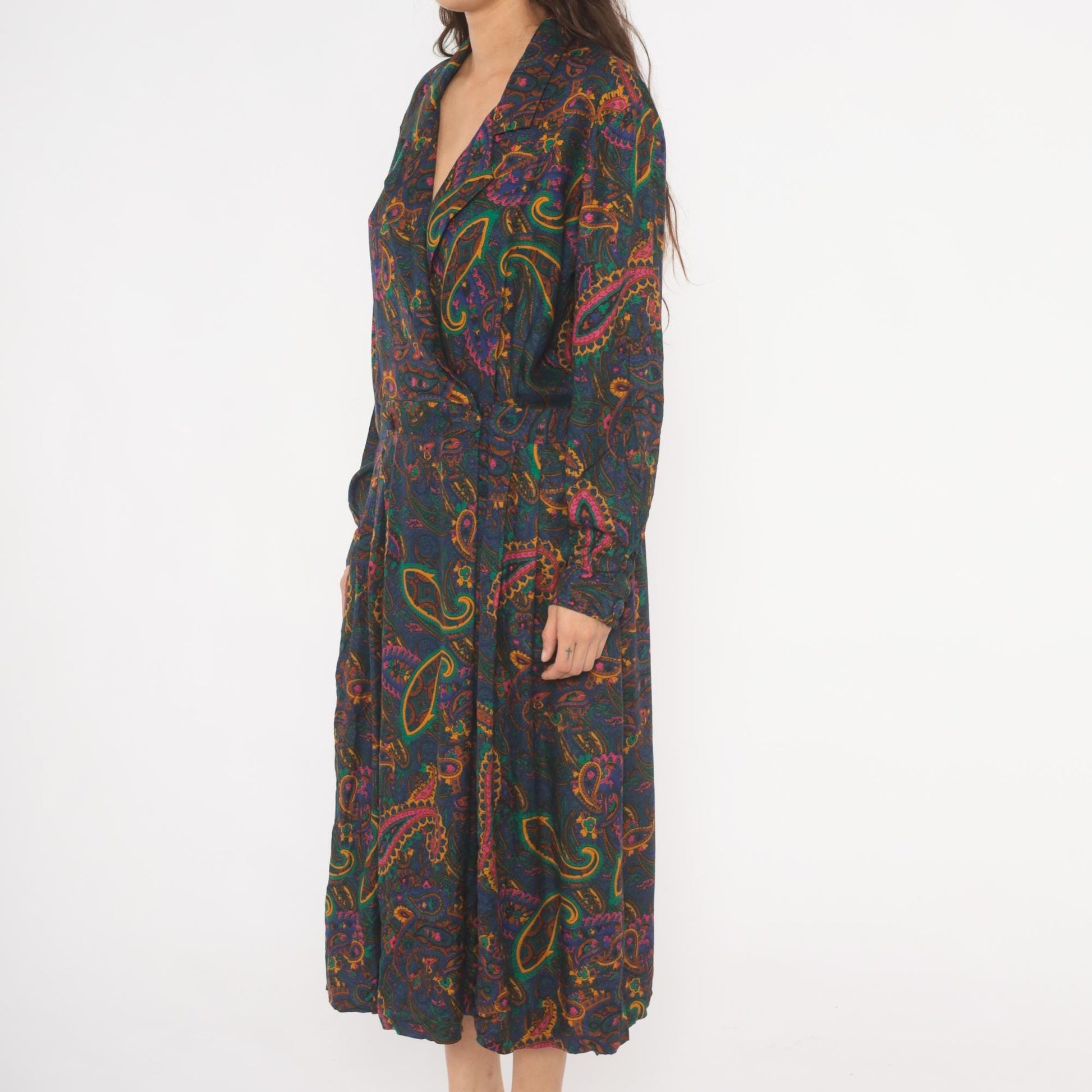 90s Tanner Paisley Midi Dress Navy Teal Pink Gold Long Sleeve Large L
