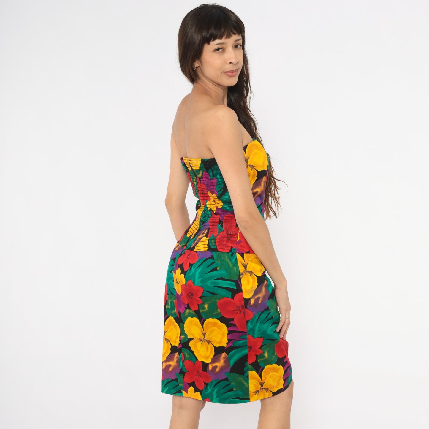 90s Positively Ellyn Tropical Floral Strapless Dress Knee-Length Wrap Skirt Large