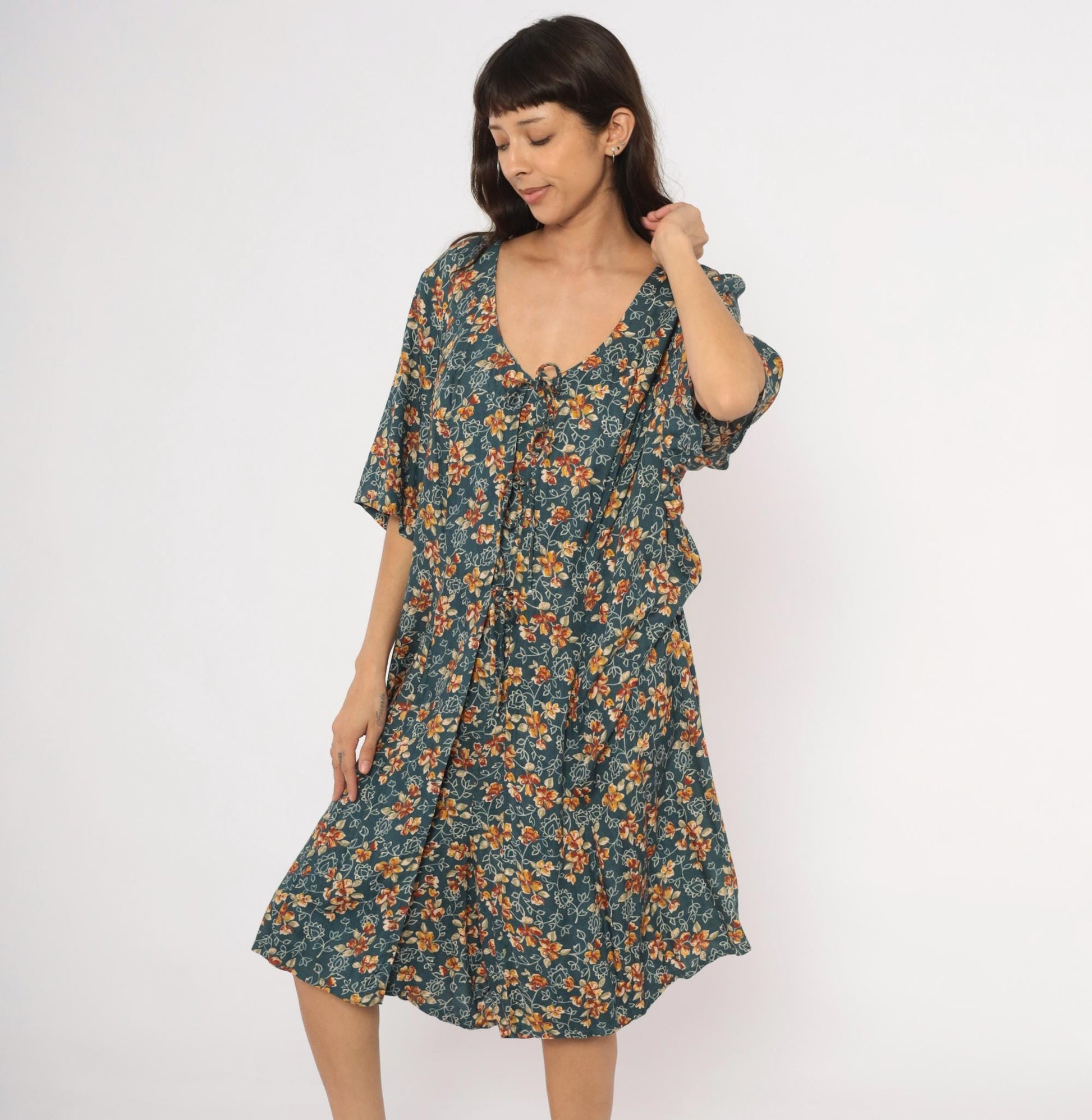 90s The Avenue Floral Midi Dress Teal Orange Flutter Sleeve Tie Front XXL