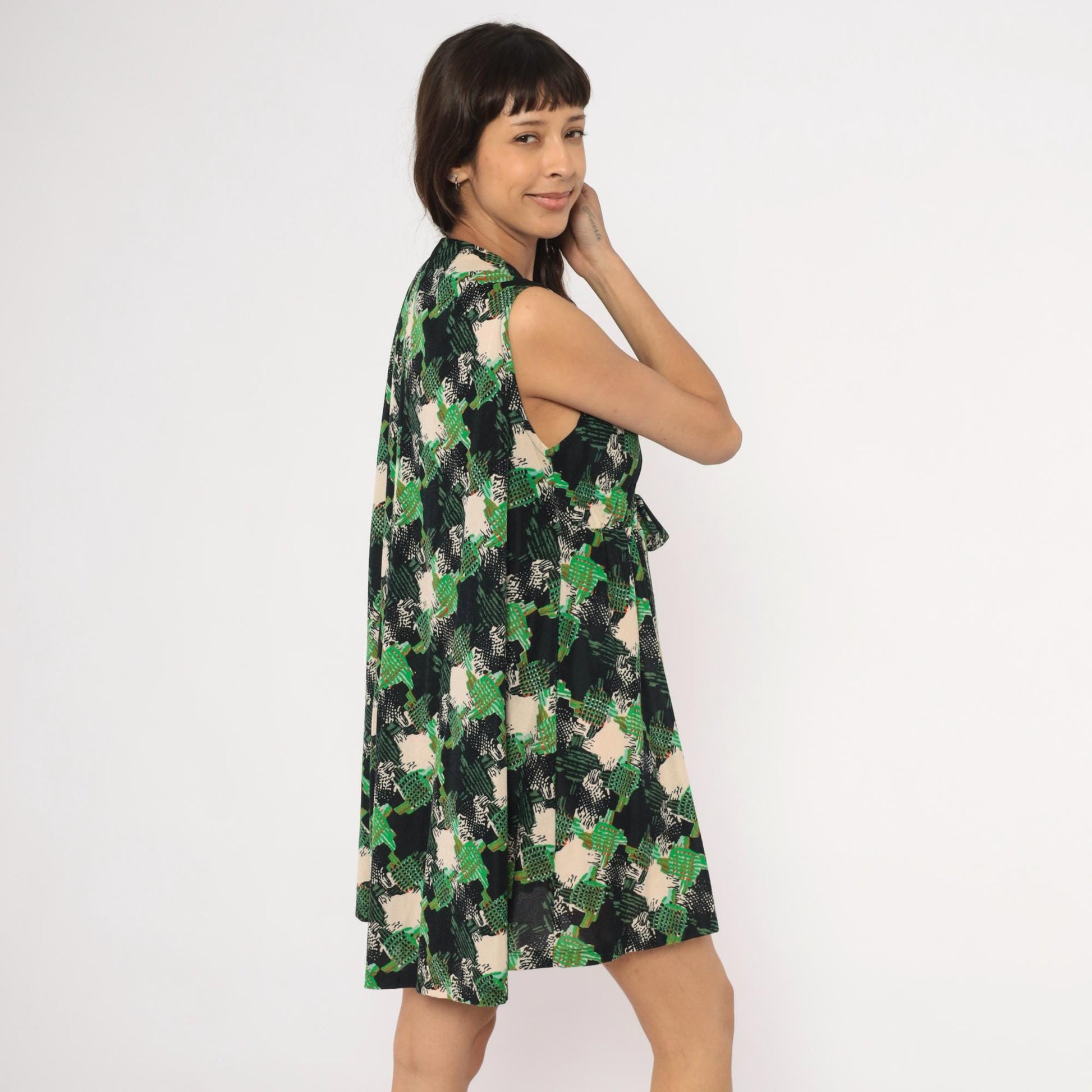 70s Psychedelic Abstract Mini Dress Green Black Cream V-Neck Sleeveless Small