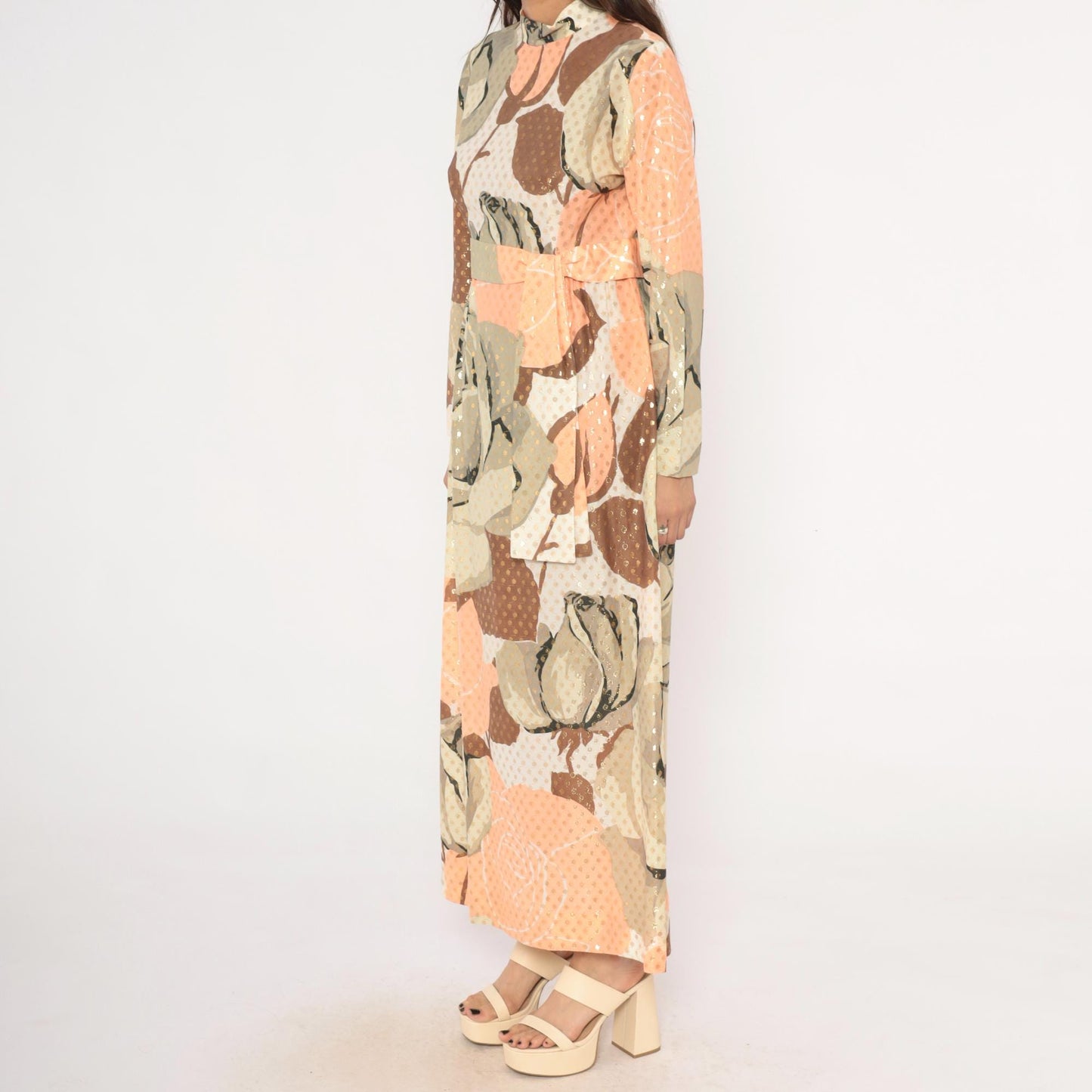 70s Rose Print Maxi Dress Gold Metallic Dots Long Sleeve Peach Taupe Chiffon Medium