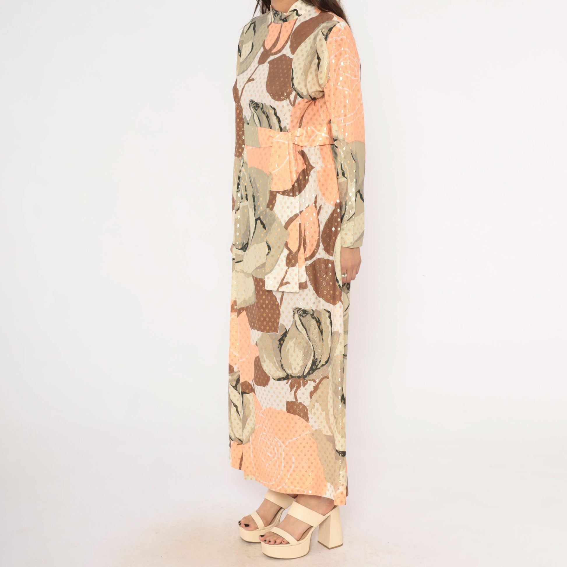 70s Rose Print Maxi Dress Gold Metallic Dots Long Sleeve Peach Taupe Chiffon Medium