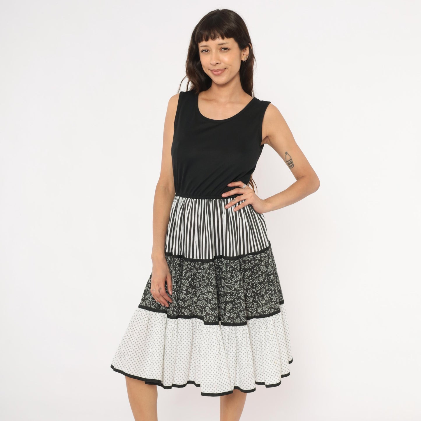 80s Mixed Print Tiered Sundress Black White Floral Striped Polka Dot Medium
