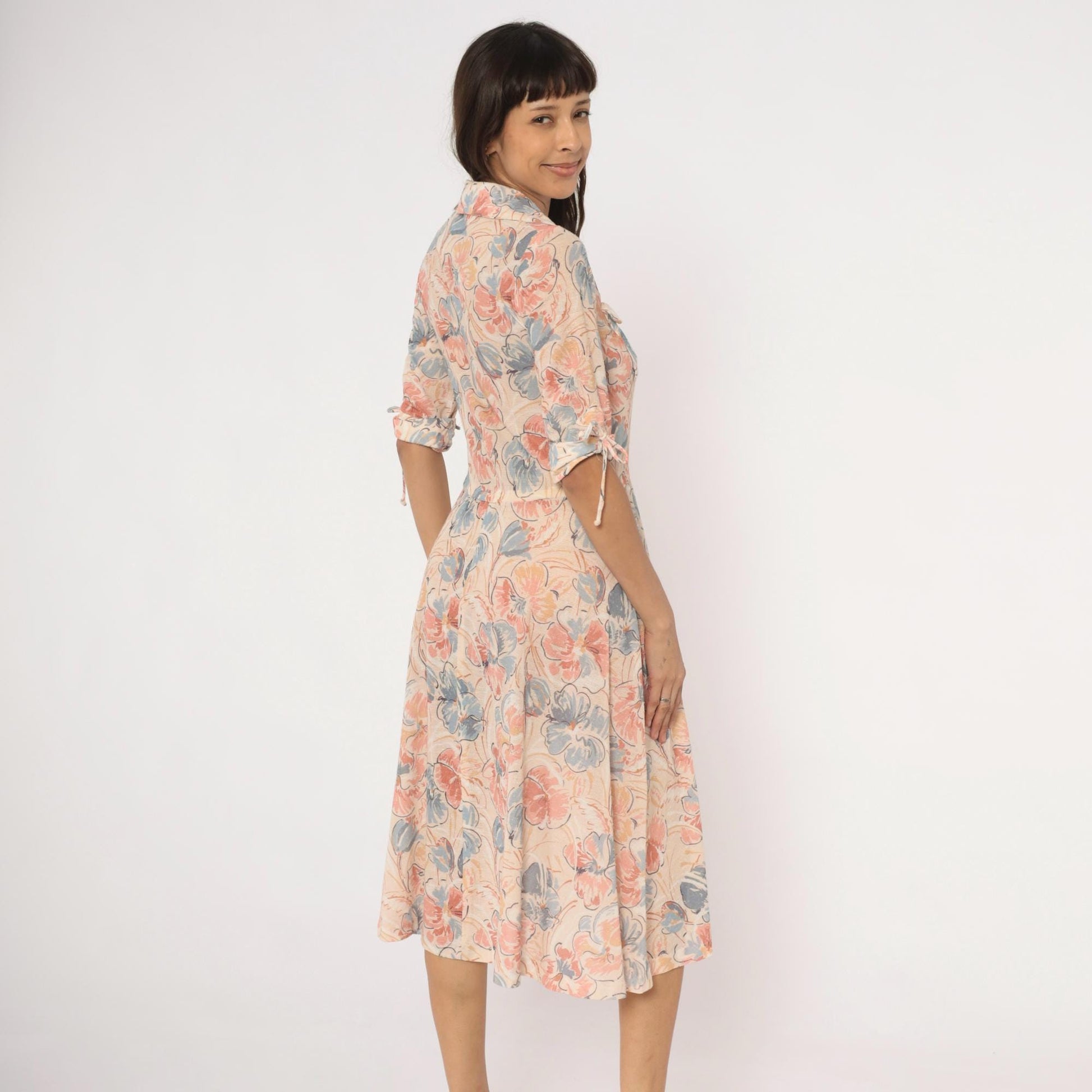 80s Watercolor Floral Midi Dress Notched Collar Tie Sleeve Cream Blush Small