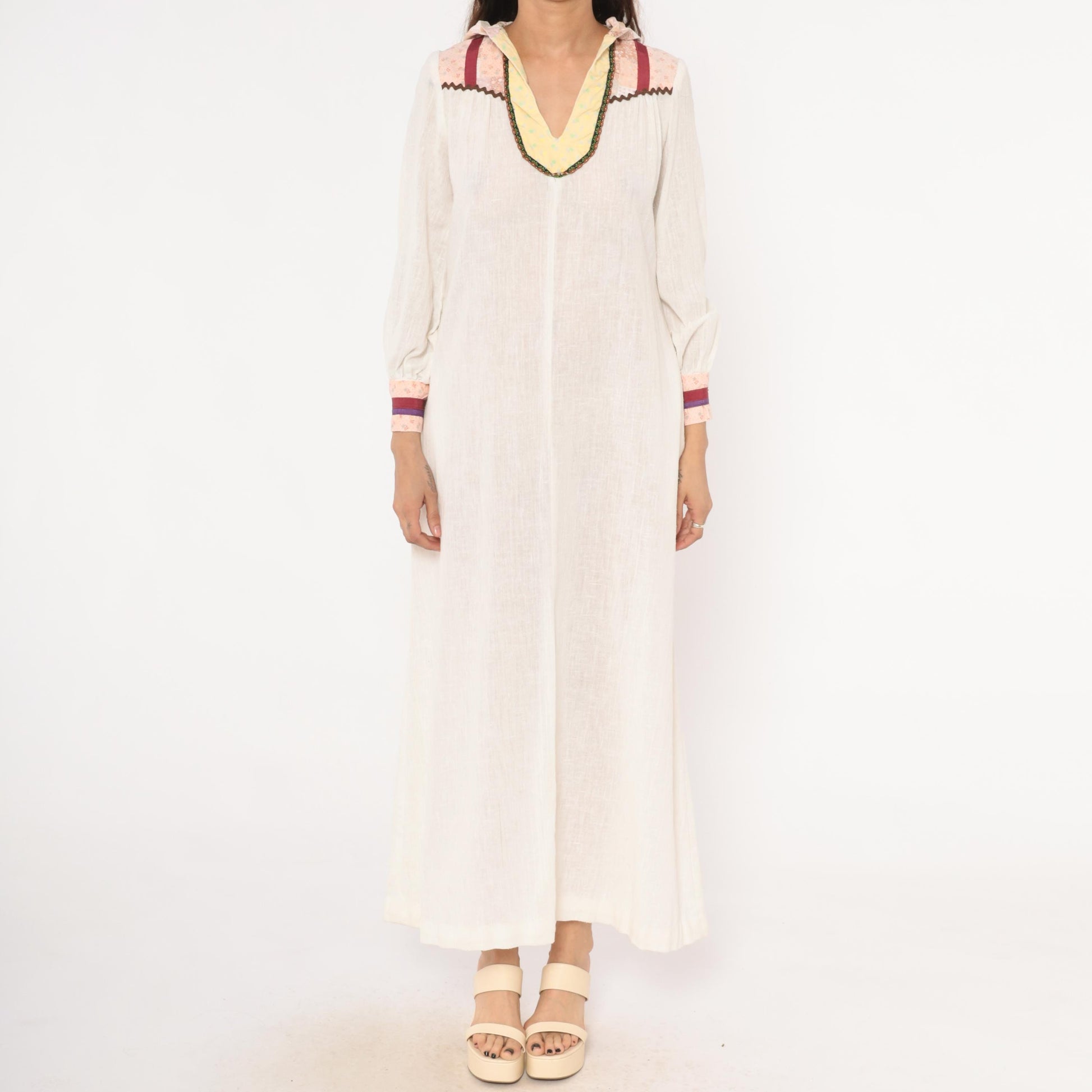 70s Patchwork Hood Maxi Dress White Linen V Neck Bishop Sleeve Small