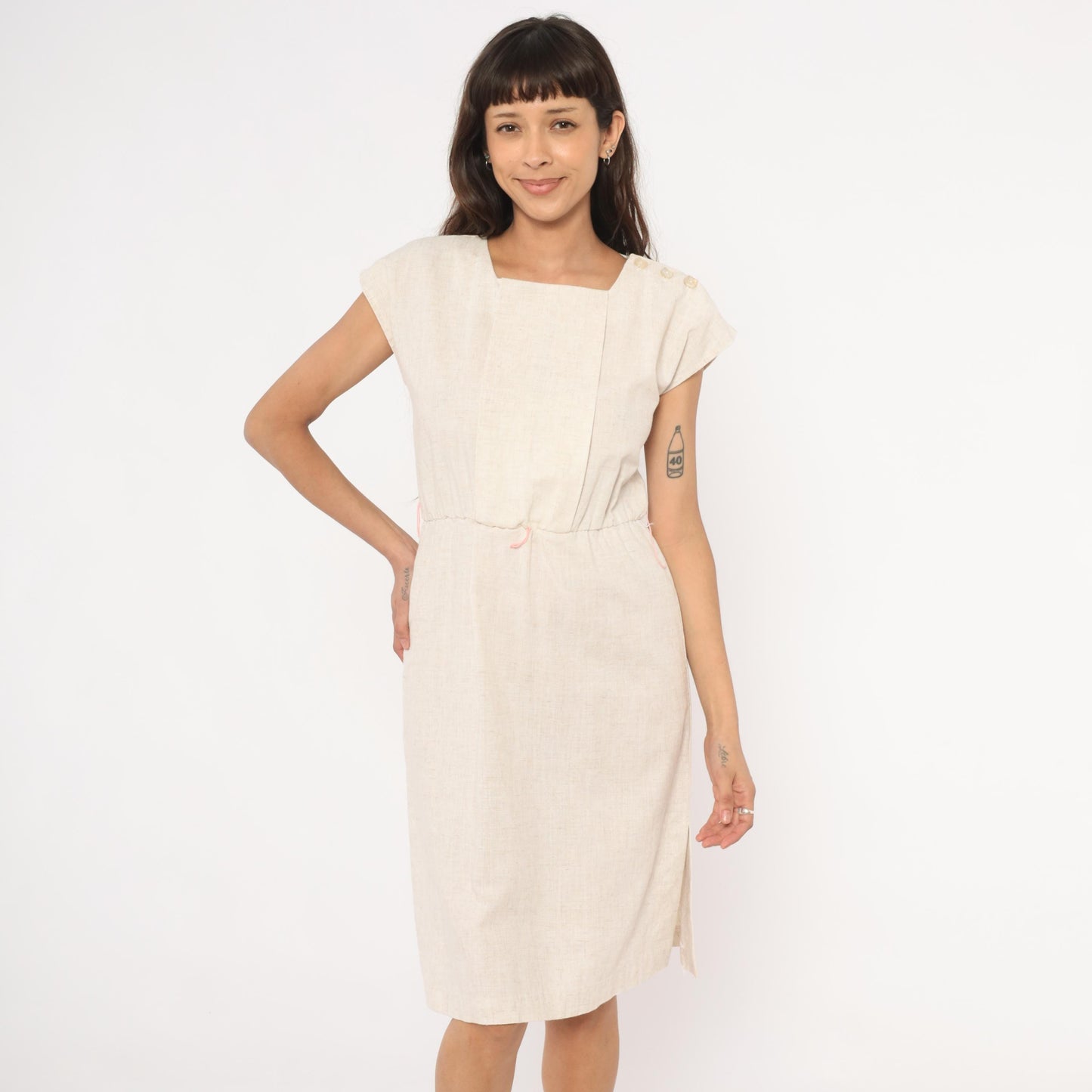 80s Oatmeal Linen Sheath Dress Square Neck Cap Sleeve Knee Length Small