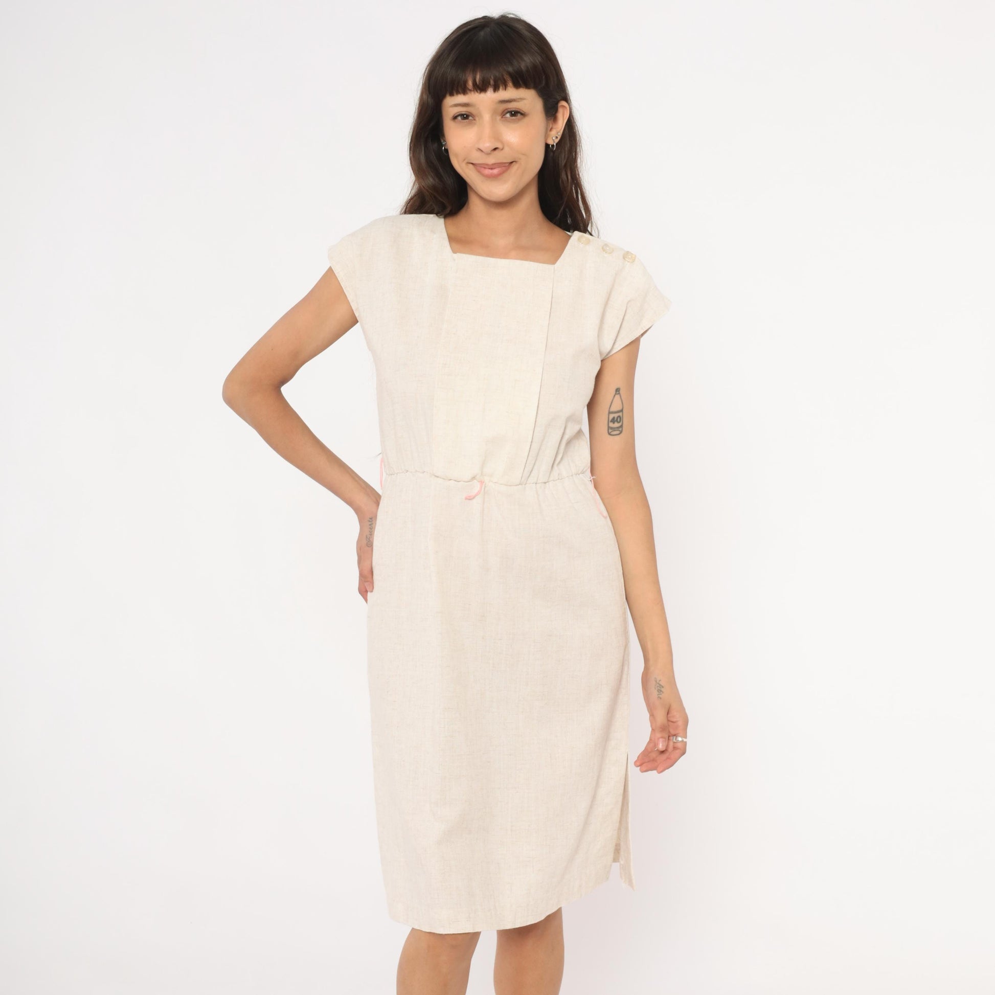 80s Oatmeal Linen Sheath Dress Square Neck Cap Sleeve Knee Length Small