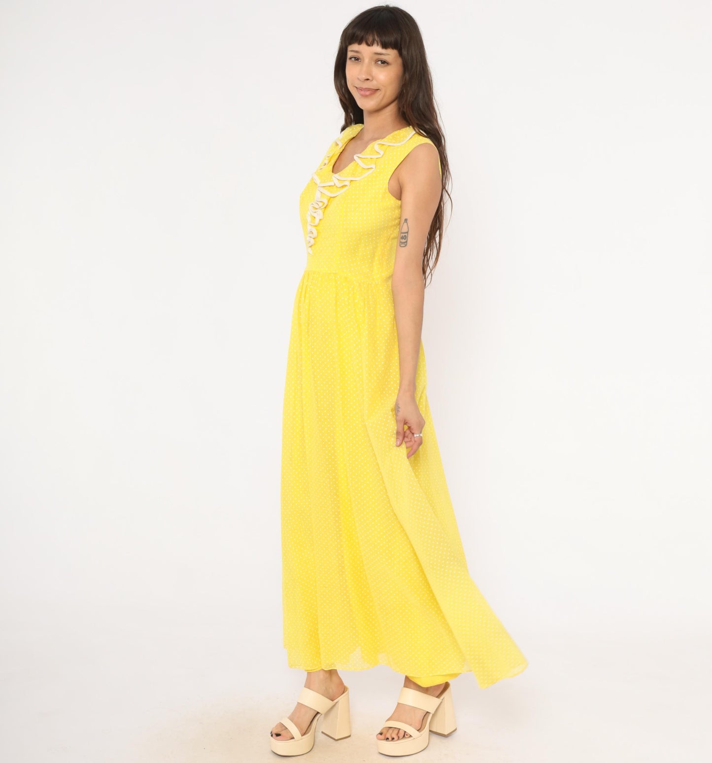 70s Miss Elliette Yellow Polka Dot Maxi Dress Ruffled V-Neck Medium M