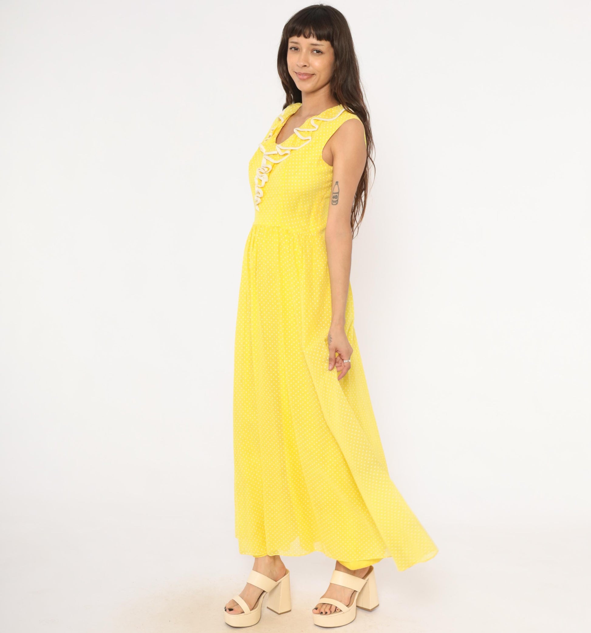 70s Miss Elliette Yellow Polka Dot Maxi Dress Ruffled V-Neck Medium M