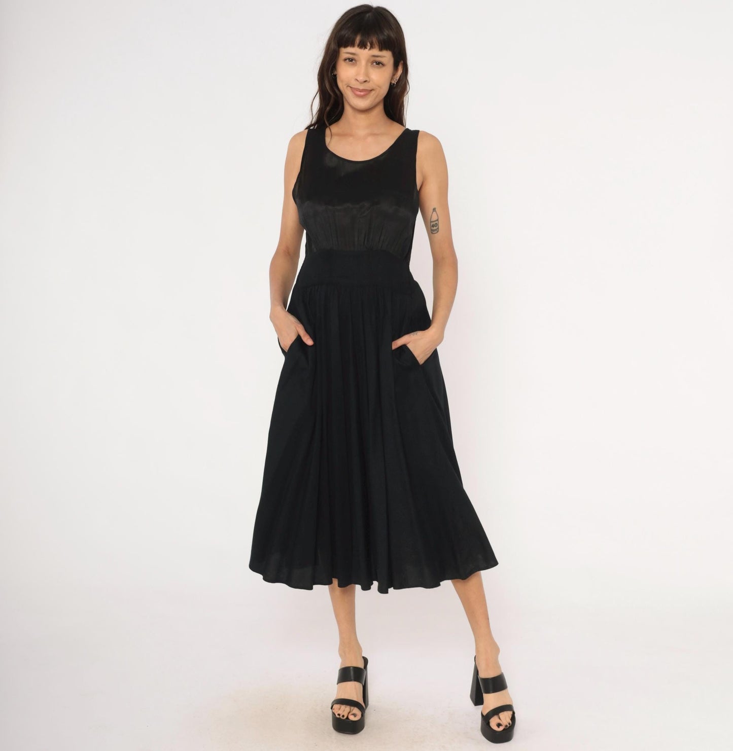 90s Black Satin Bodice Midi Dress Sleeveless Scoop Neck Flared Skirt Small