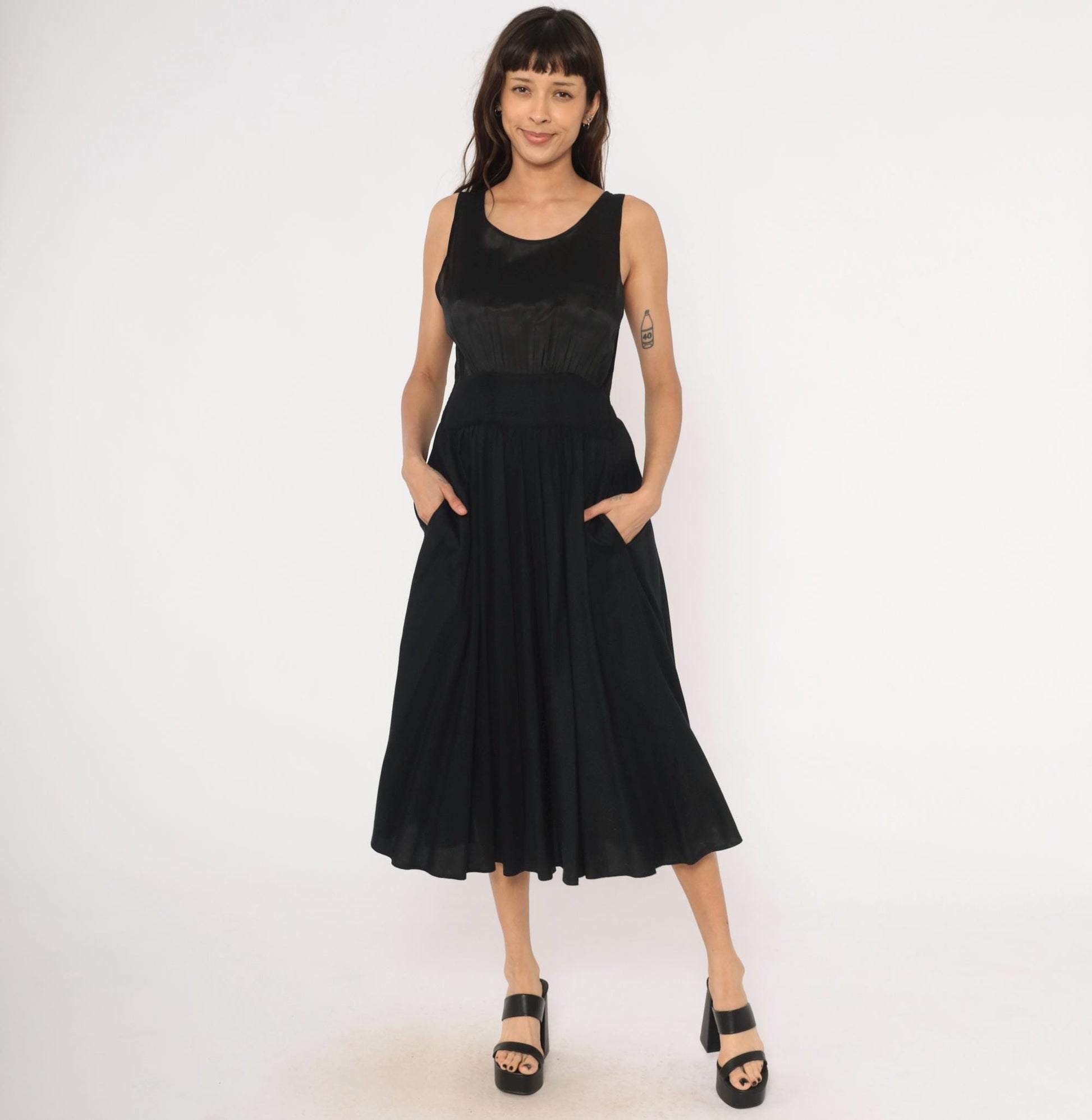 90s Black Satin Bodice Midi Dress Sleeveless Scoop Neck Flared Skirt Small