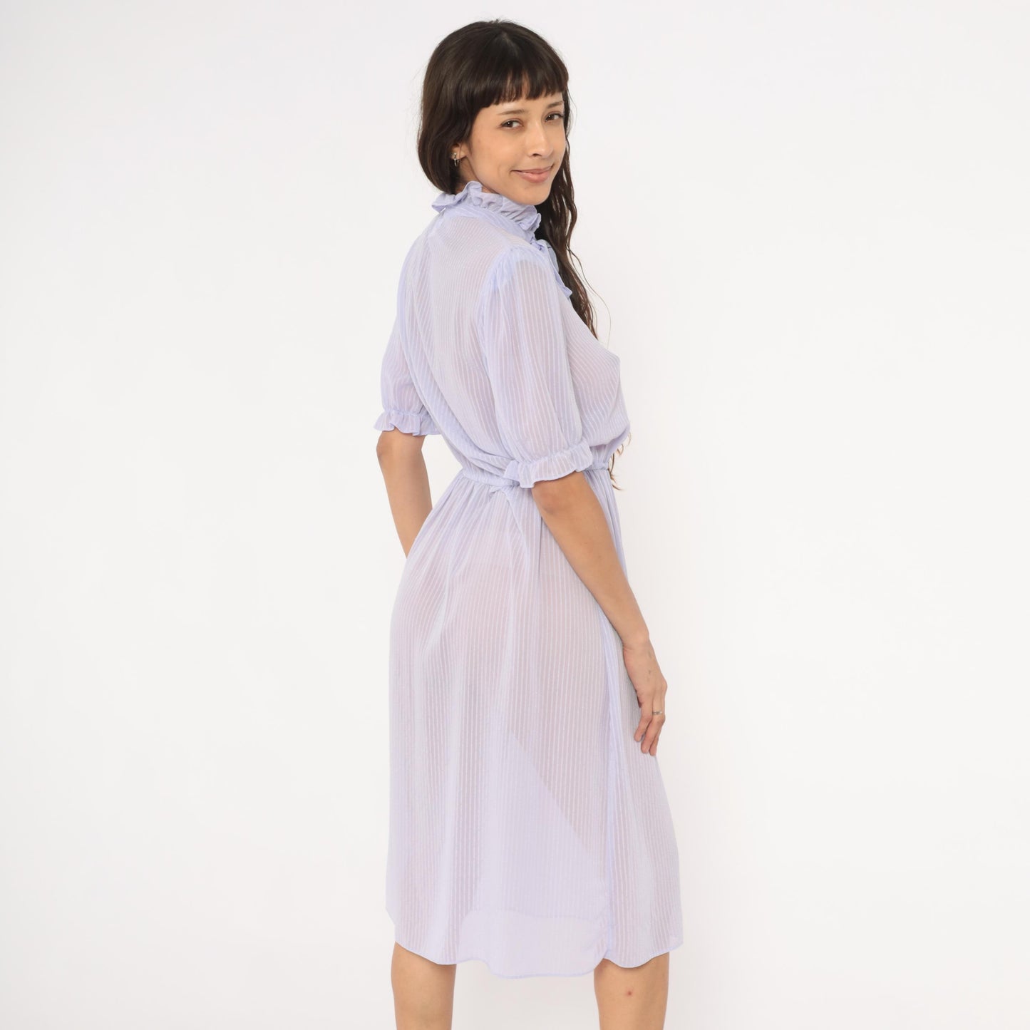 80s Lavender Sheer Stripe Dress Puff Sleeve Bow Tie Ruffle Collar Small
