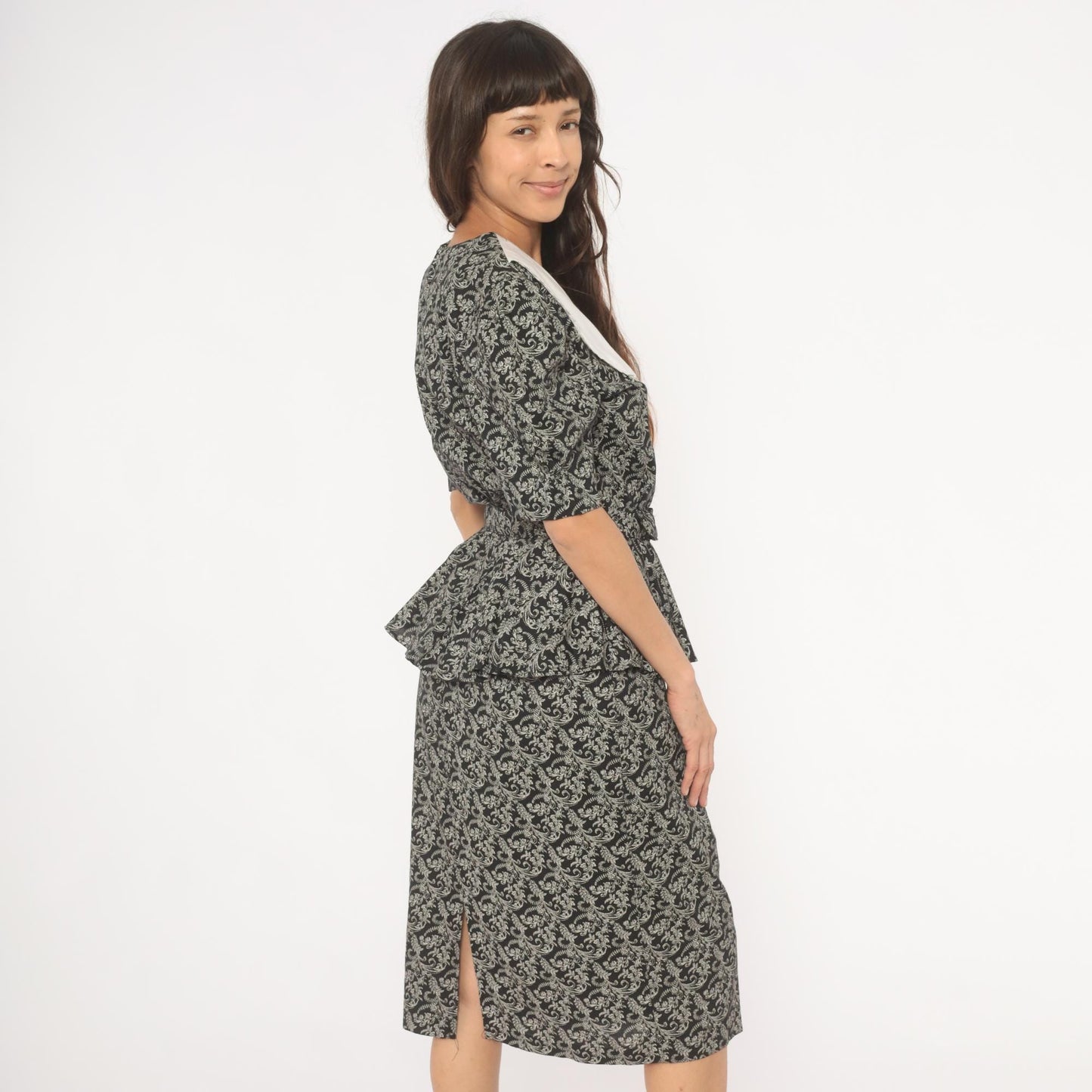 90s Miss Dorby Peplum Dress Black White Scroll Print V-Neck Puff Sleeve Large L