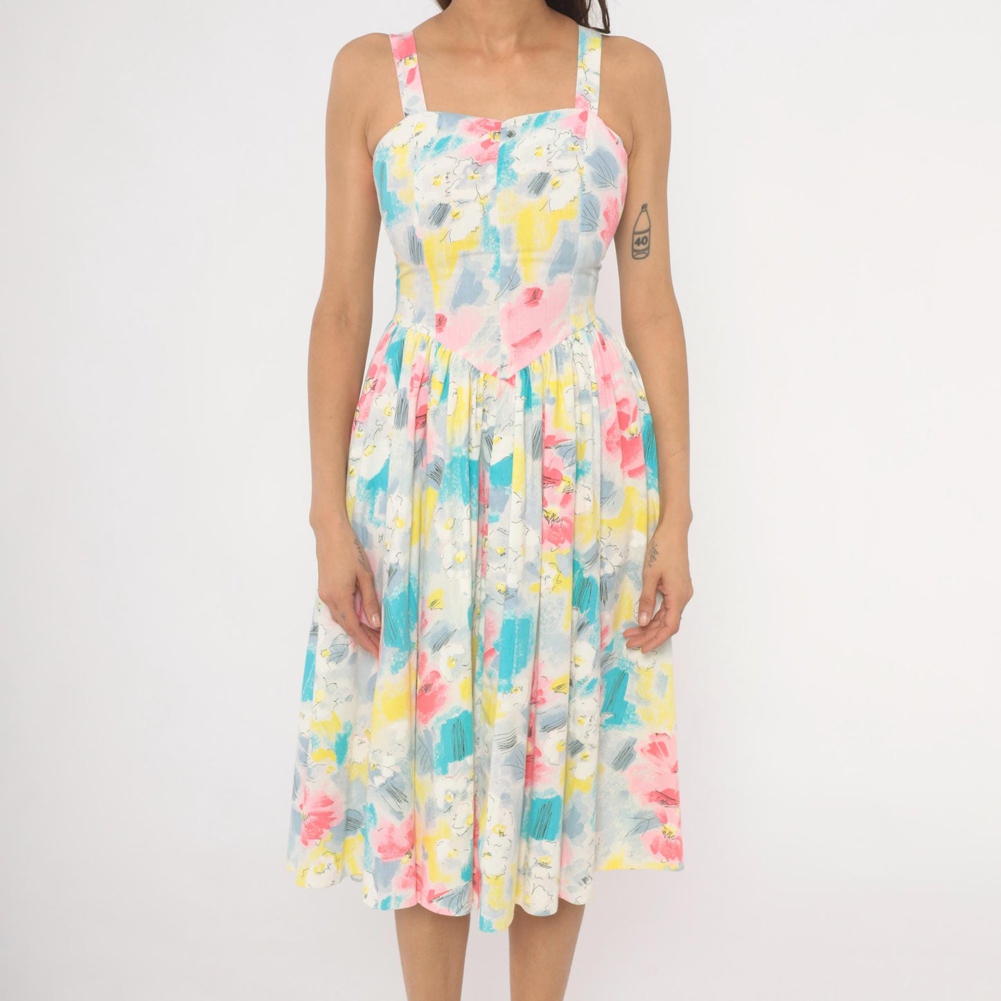 80s Pea Patch Watercolor Floral Sundress Sweetheart Basque Waist Small