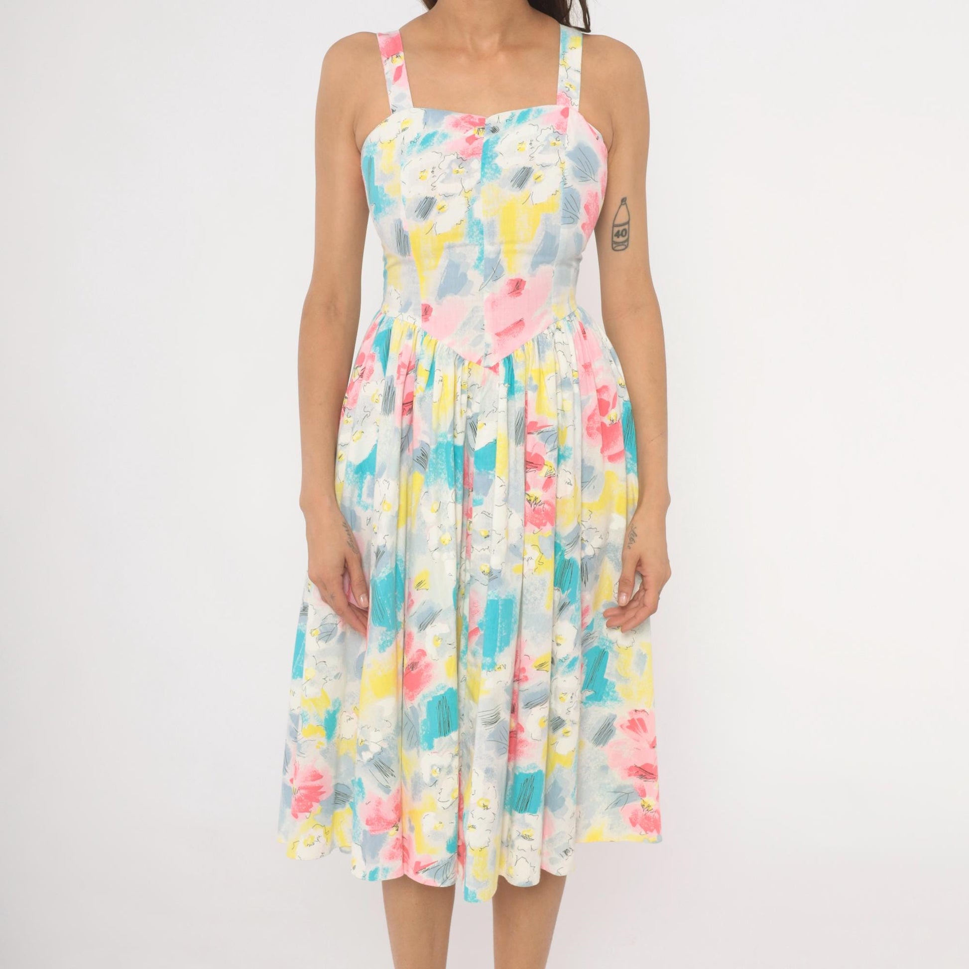 80s Pea Patch Watercolor Floral Sundress Sweetheart Basque Waist Small