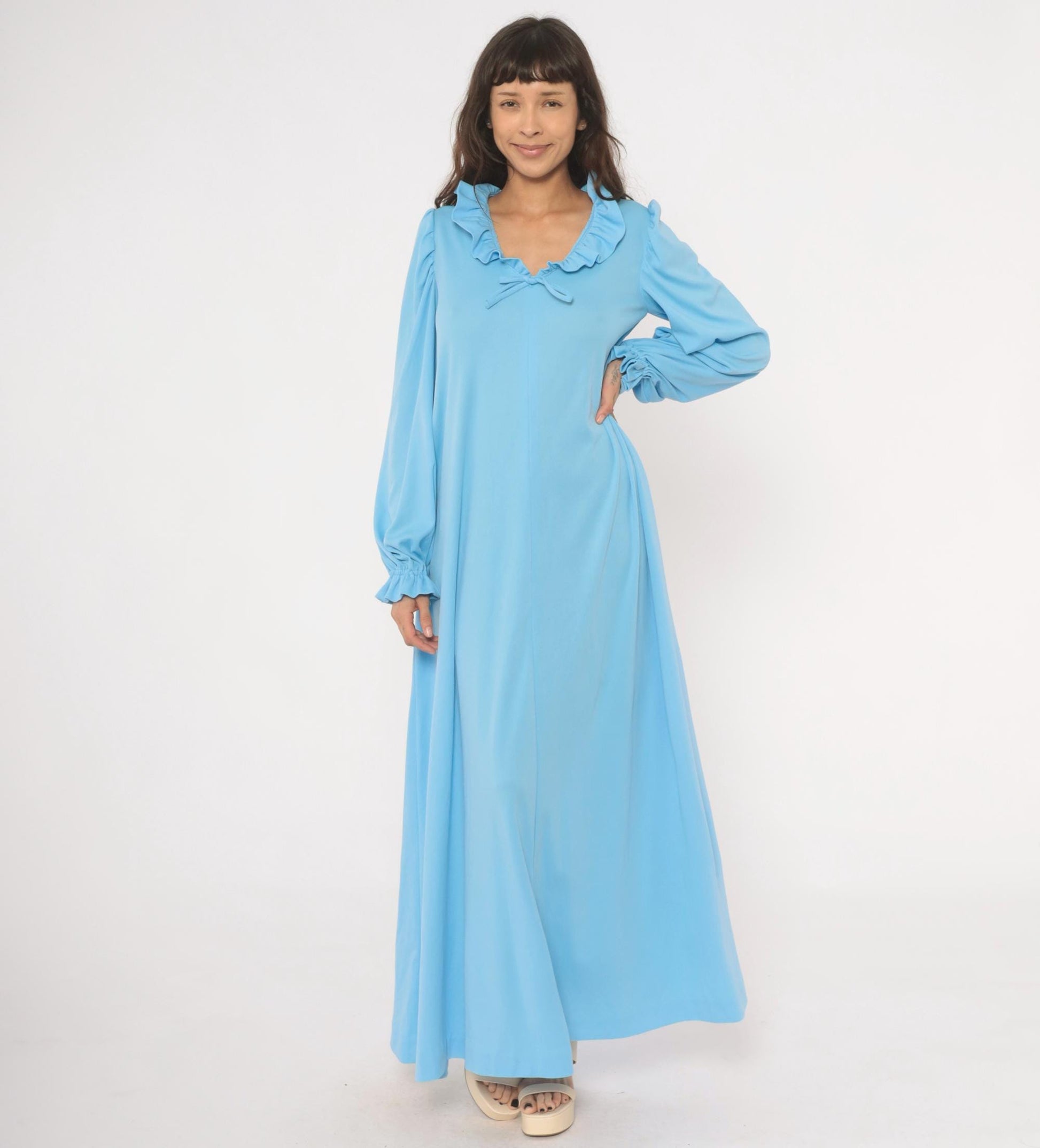 70s Sky Blue Maxi Dress Ruffle Collar Puff Sleeve A-Line Large L