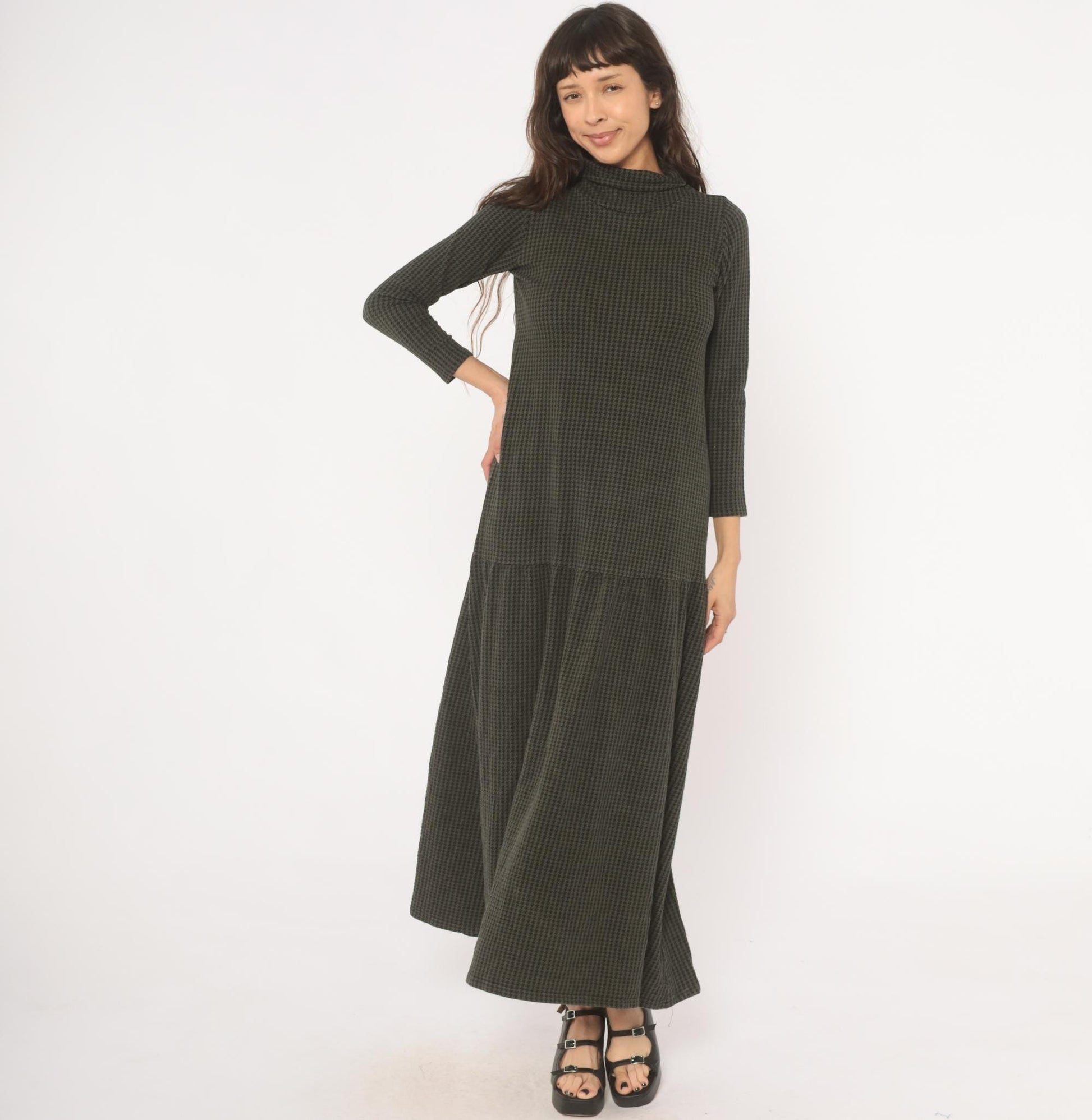 90s JP Houndstooth Maxi Dress Olive Black Funnel Neck Drop Waist Medium M