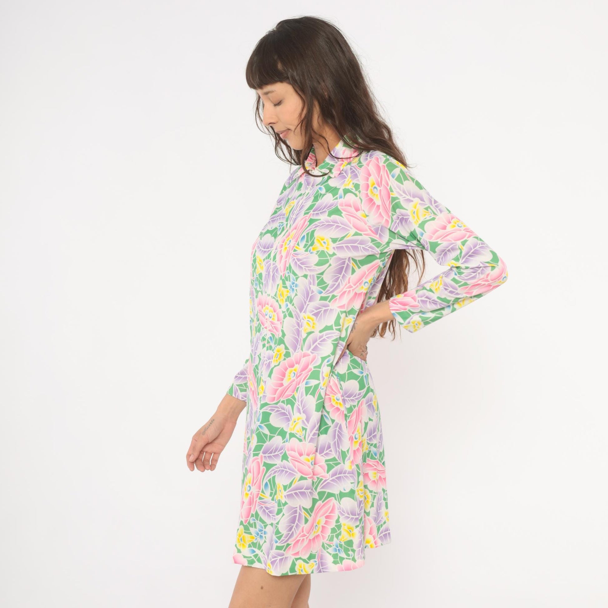 70s Travel Lite Floral Shift Dress Pink Lavender Green Knee-Length Small S