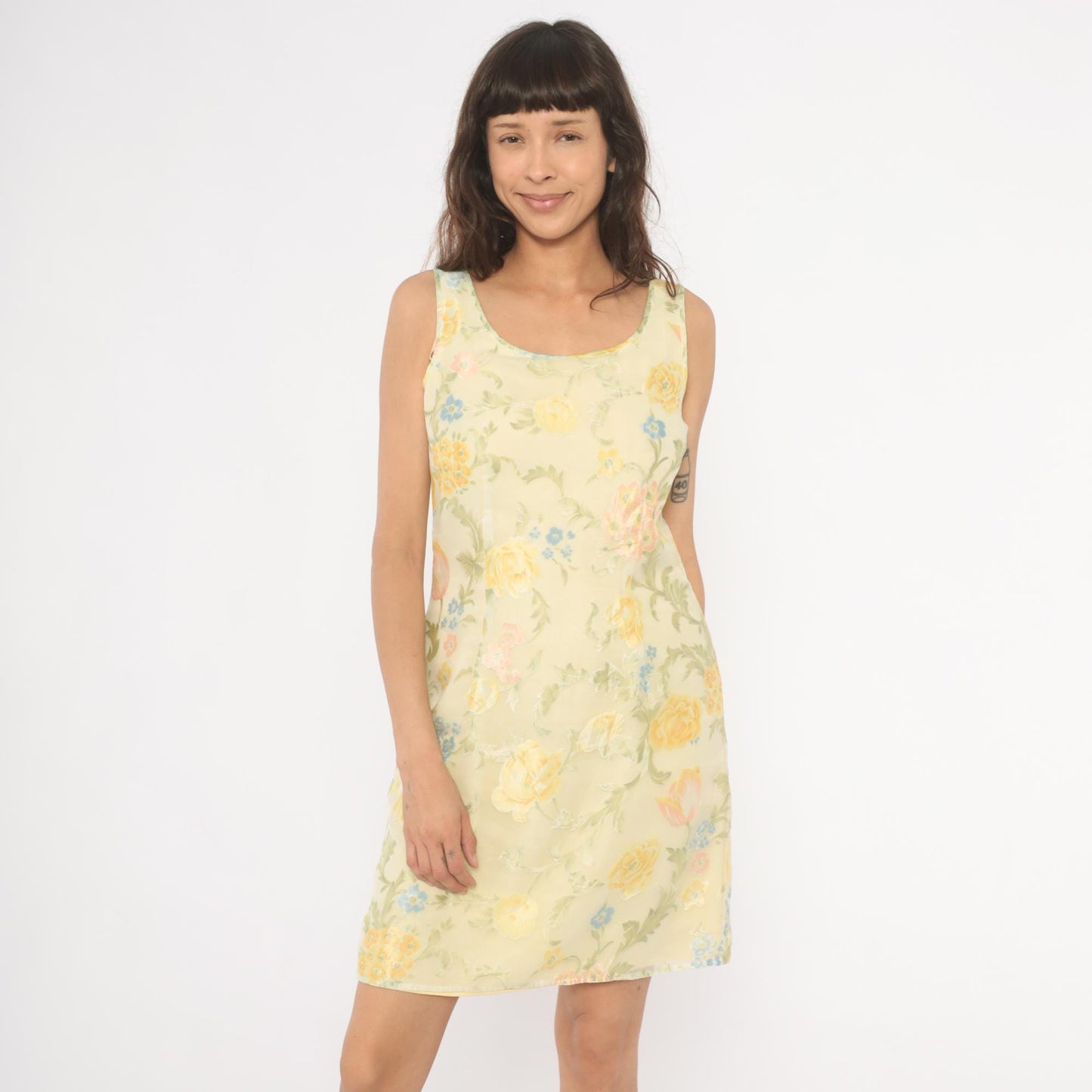 90s Ann Taylor Floral Shift Dress Yellow Scoop Neck Sleeveless Knee Small