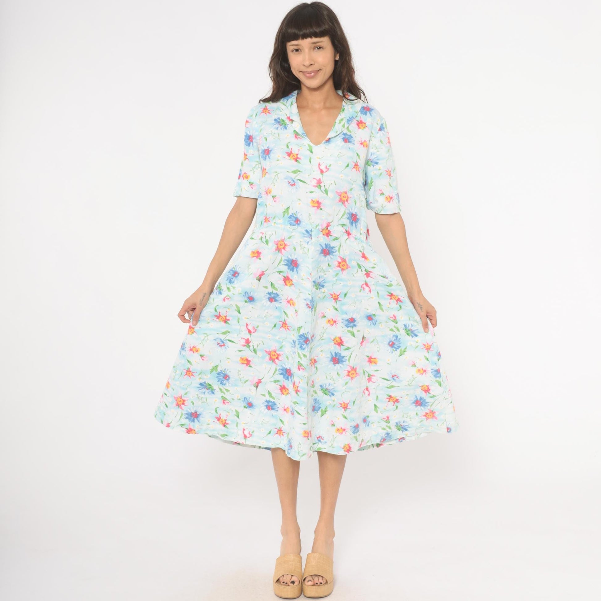90s Light Blue Wildflower Cotton Midi Dress Pink Floral Gathered Waist Large L