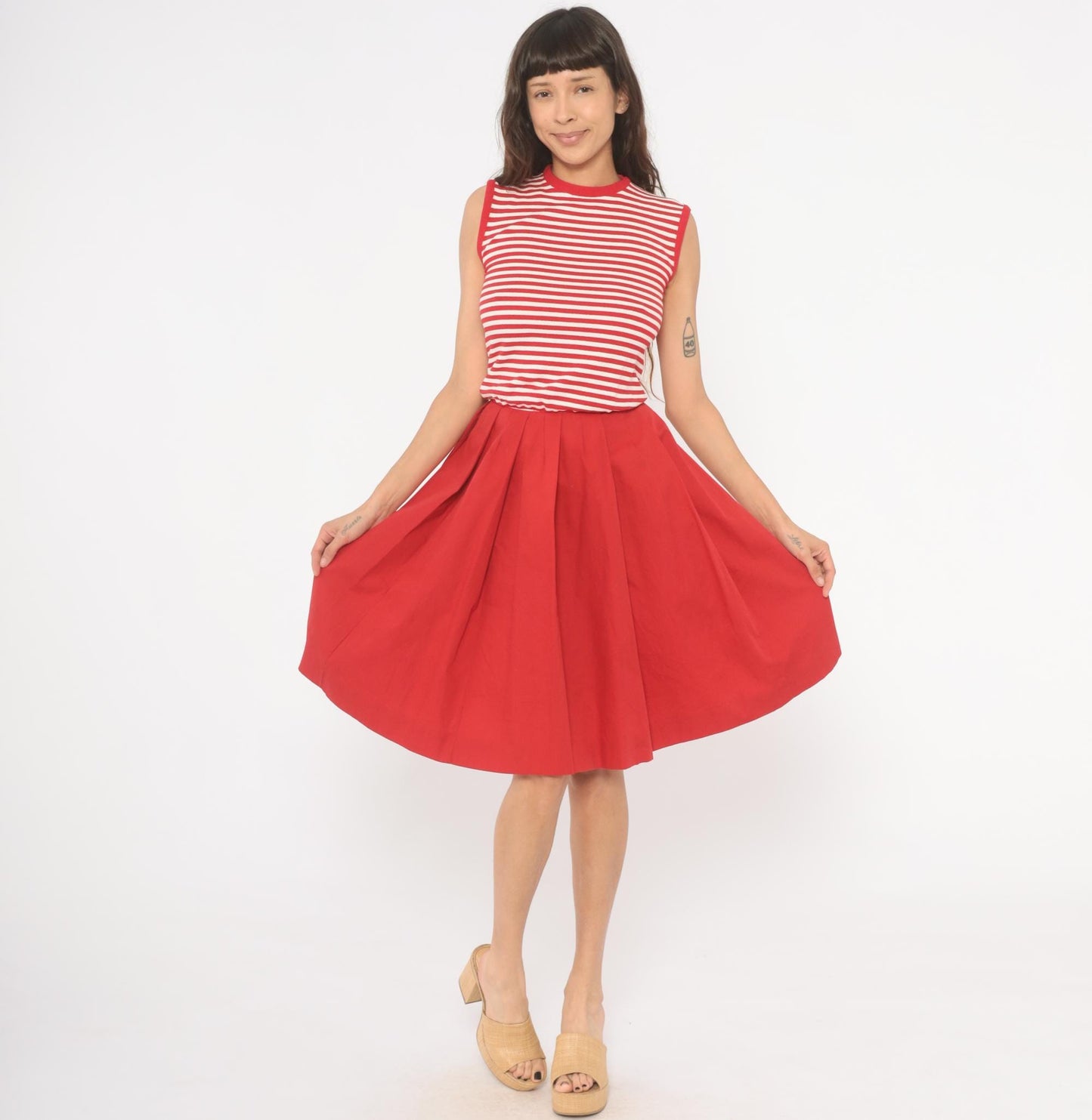 70s Country Set Red White Striped Sleeveless Dress Pleated Skirt Extra Small XS