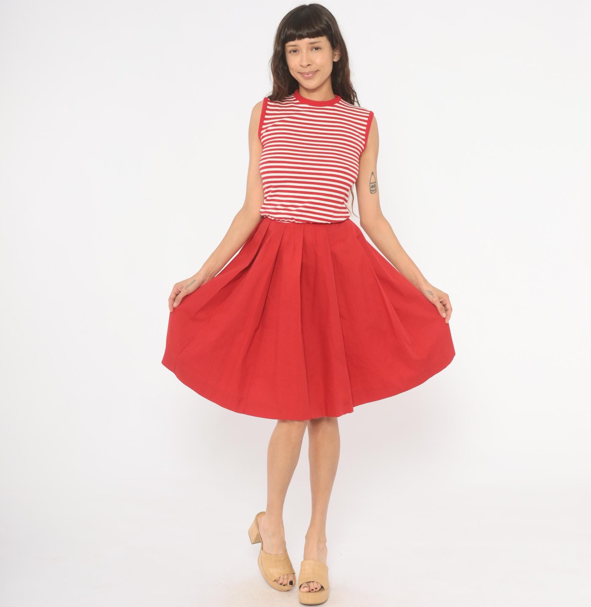 70s Country Set Red White Striped Sleeveless Dress Pleated Skirt Extra Small XS