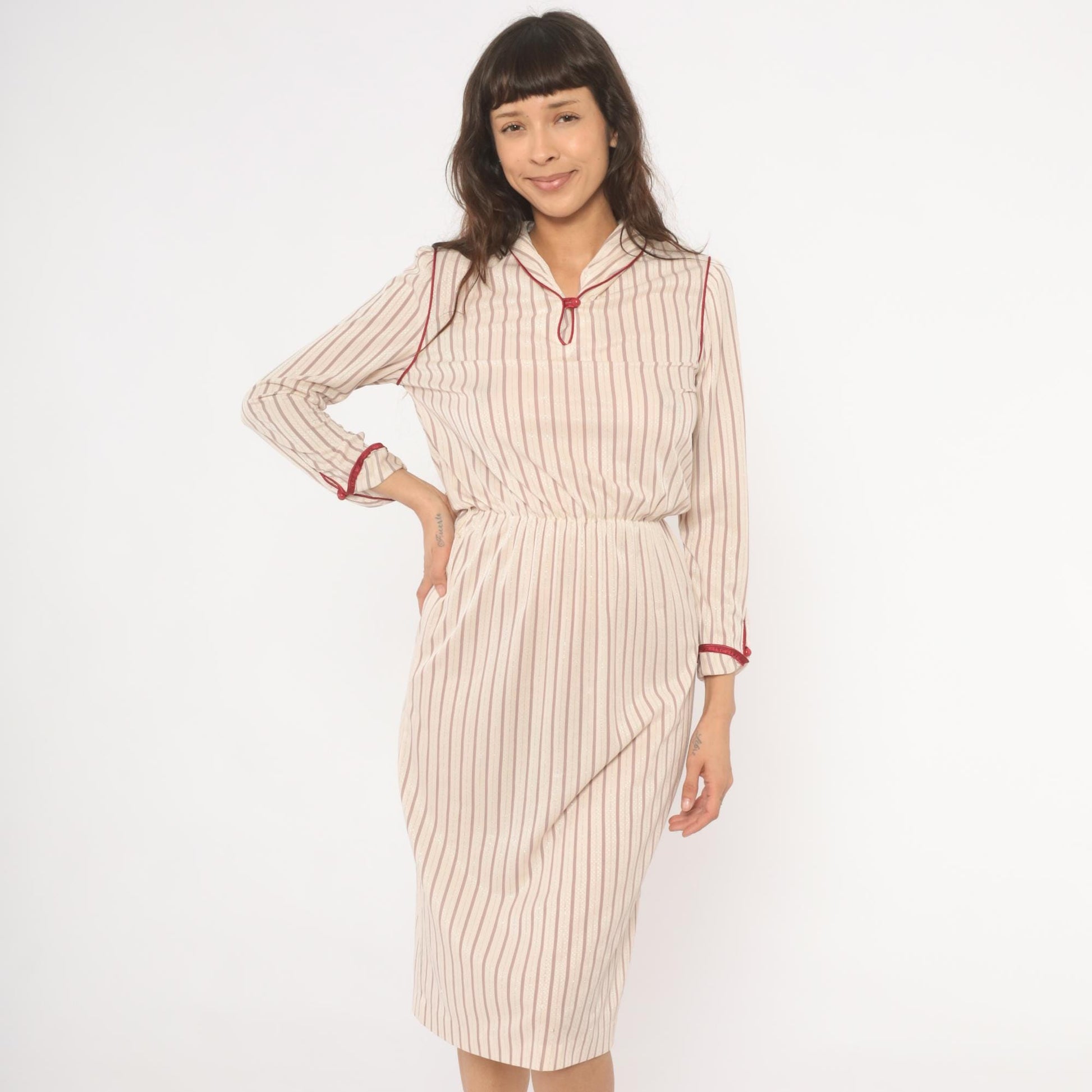80s Striped Blouson Dress Cream Burgundy Keyhole Neckline Knee Length Small S