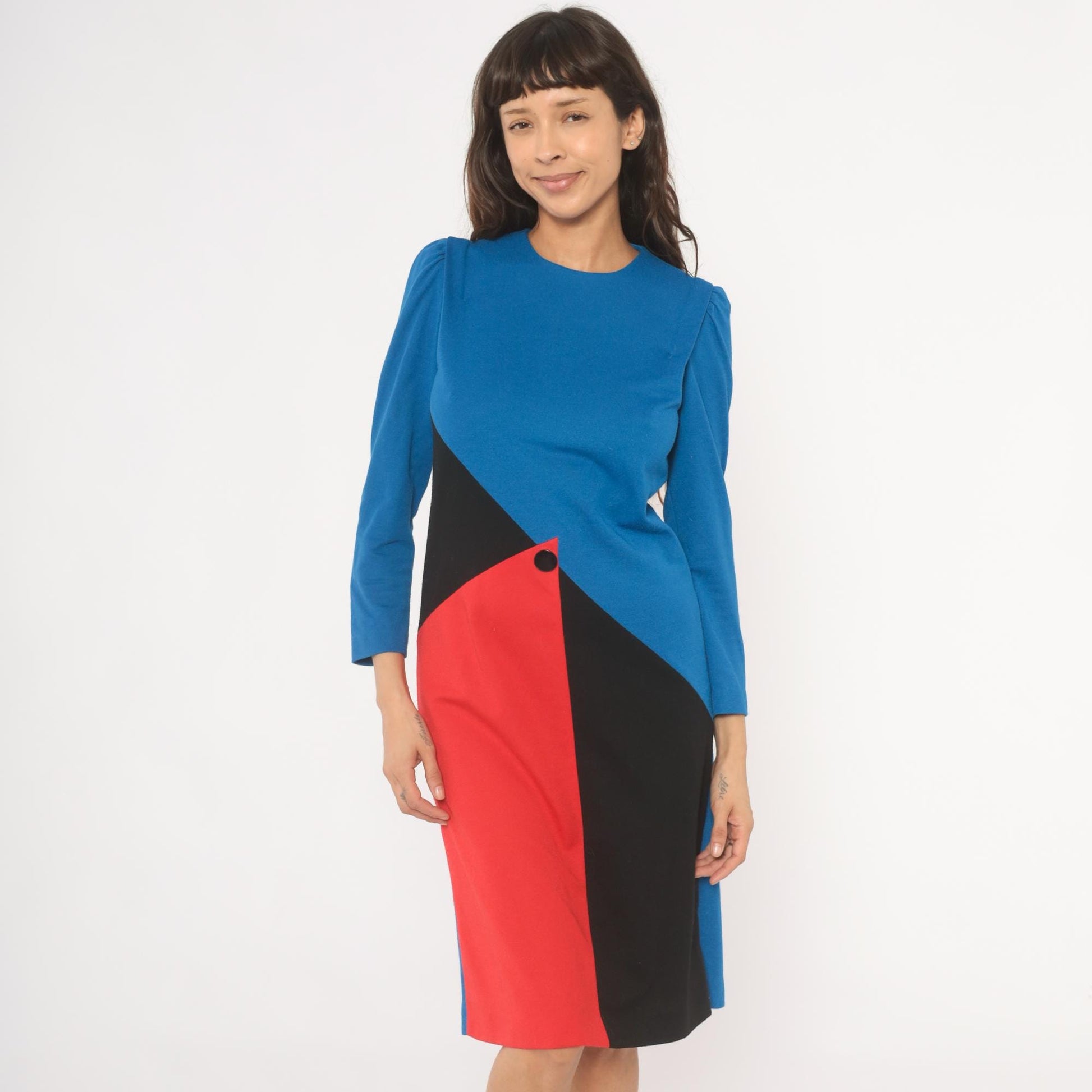 80s Leslie Fay Color Block Dress Cobalt Blue Red Black Geometric Knee Length Small S