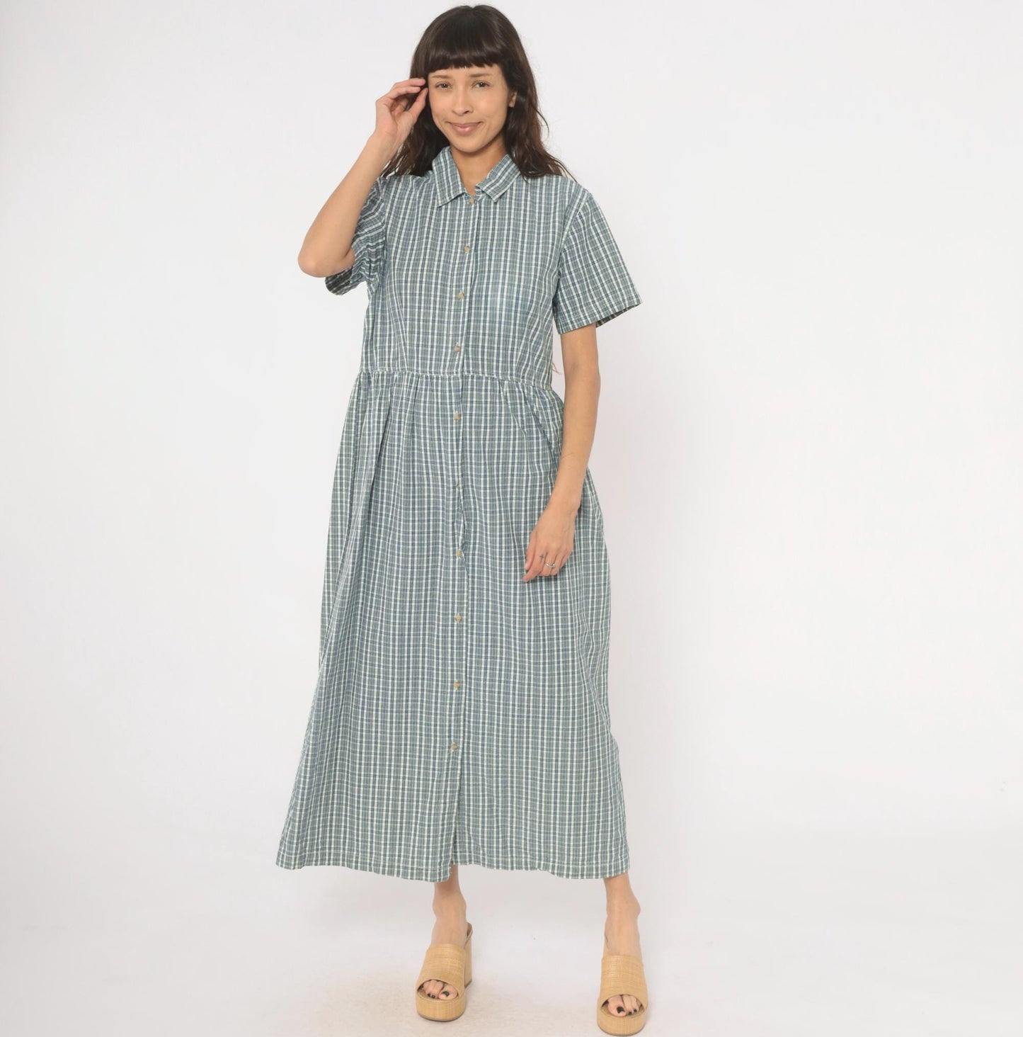 90s Studio Works Blue Plaid Cotton Maxi Shirtdress Medium
