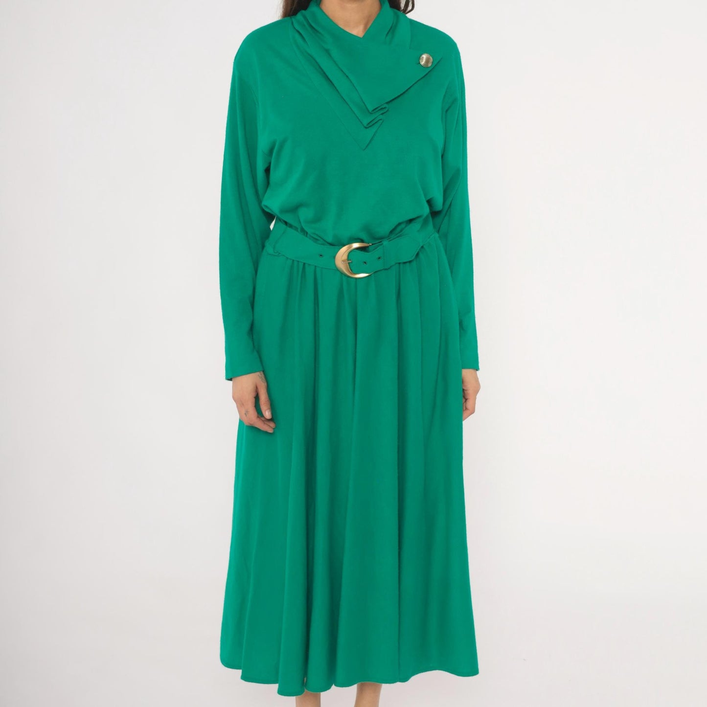 80s Positive Attitude Emerald Midi Dress Gold Buckle Belt Long Sleeve Large L