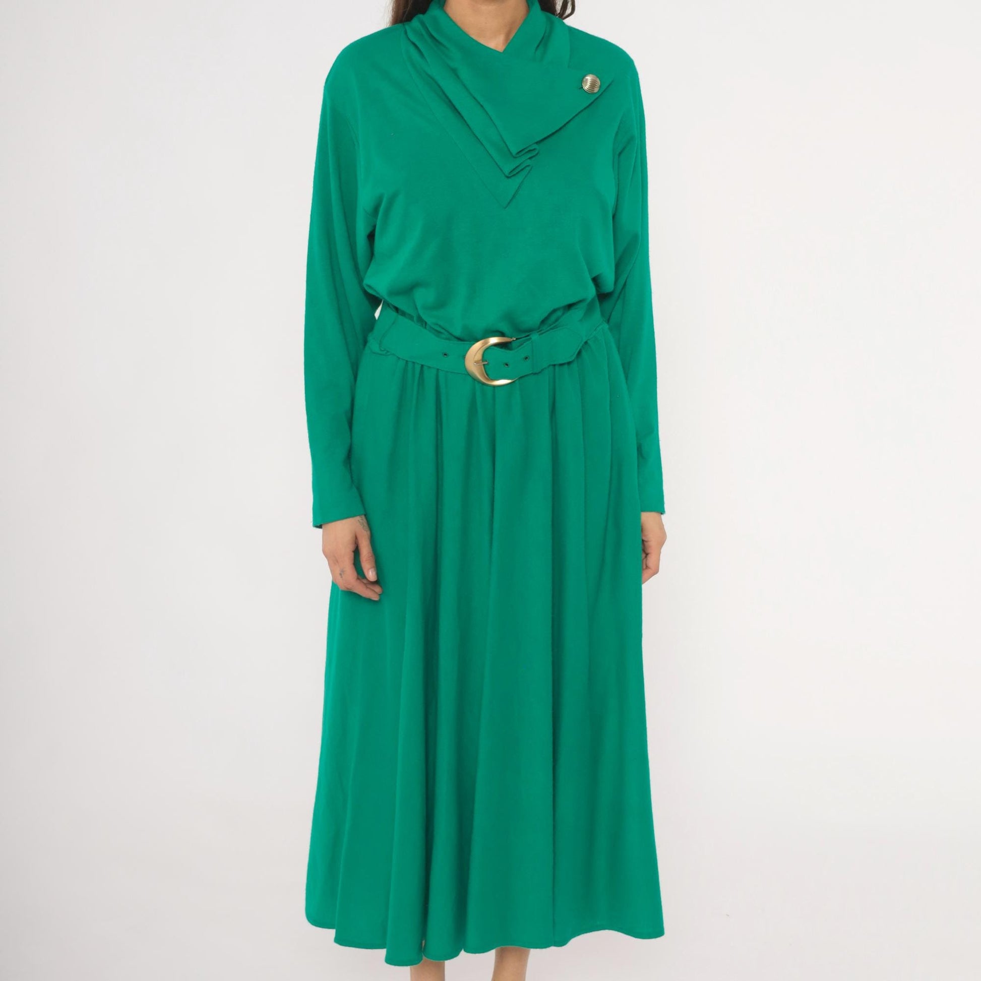 80s Positive Attitude Emerald Midi Dress Gold Buckle Belt Long Sleeve Large L