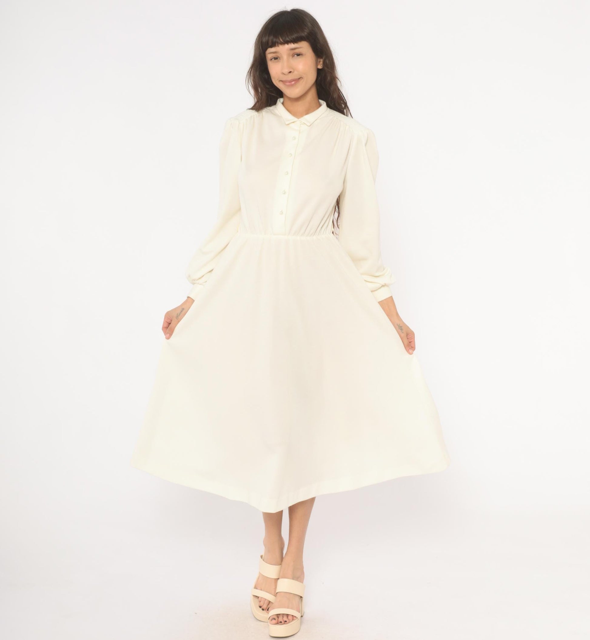 80s Sunshine Starshine Cream Puff Sleeve Midi Dress Pearl Buttons Wool Large L
