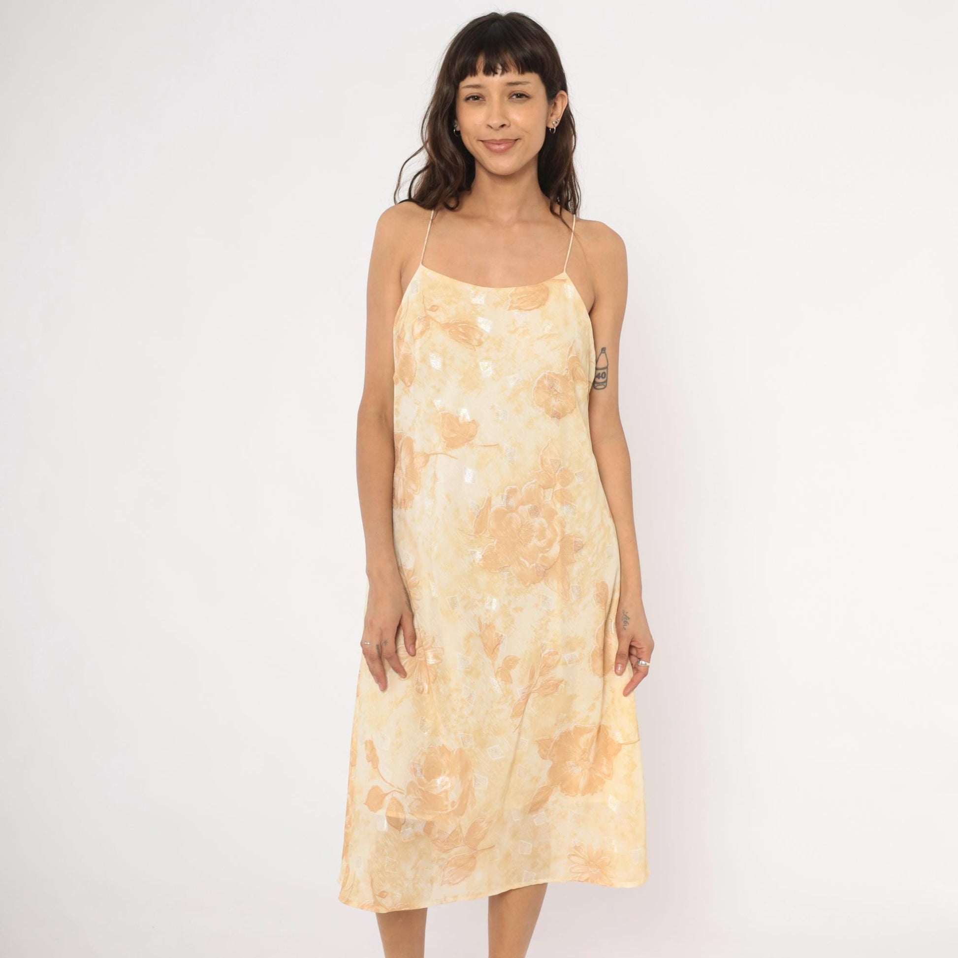 00s Dress-U-Ii Gold Floral Slip Dress Midi Cream Rose Print Spaghetti Strap Large L