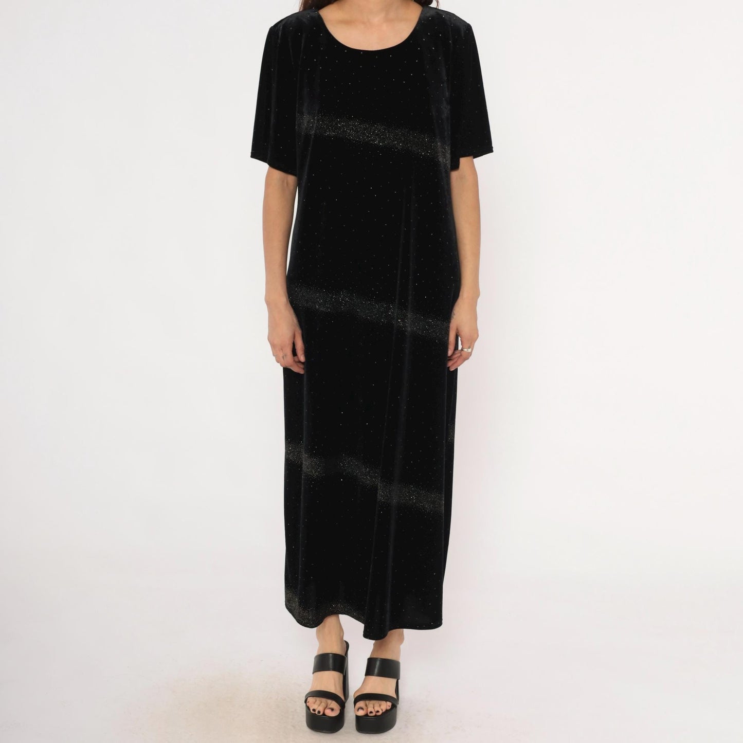 90s Jessica Howard Black Velvet Maxi Dress Glitter Scoop Neck Short Sleeve Large L