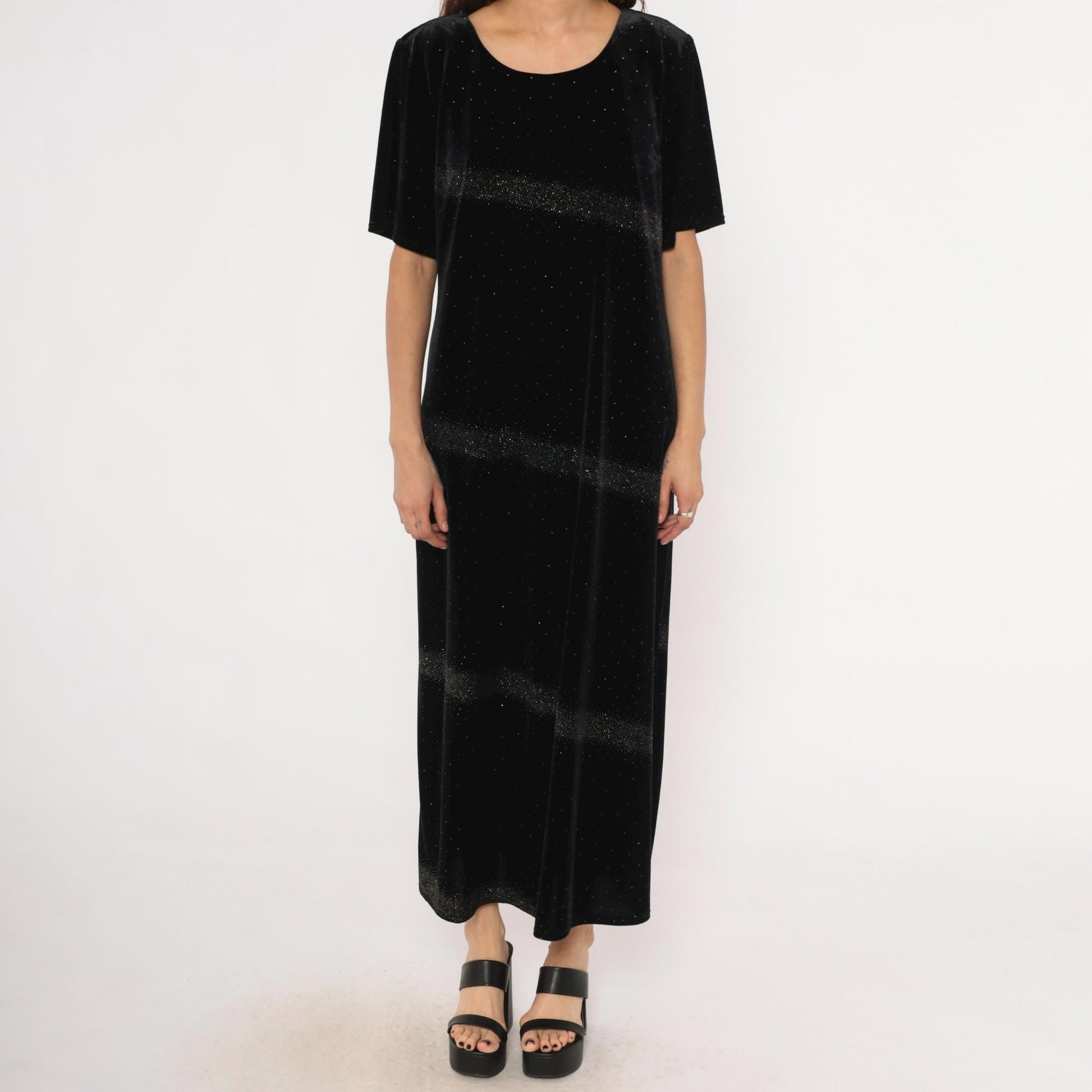 90s Jessica Howard Black Velvet Maxi Dress Glitter Scoop Neck Short Sleeve Large L