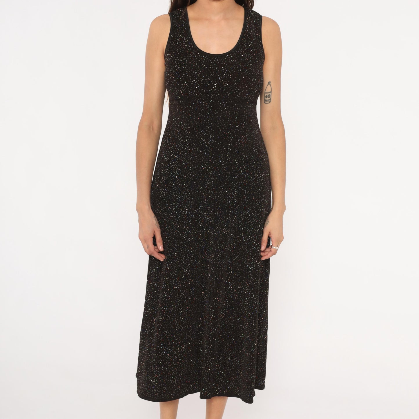 90s Rabbit Designs Black Glitter Maxi Dress Scoop Neck Empire Waist Medium M