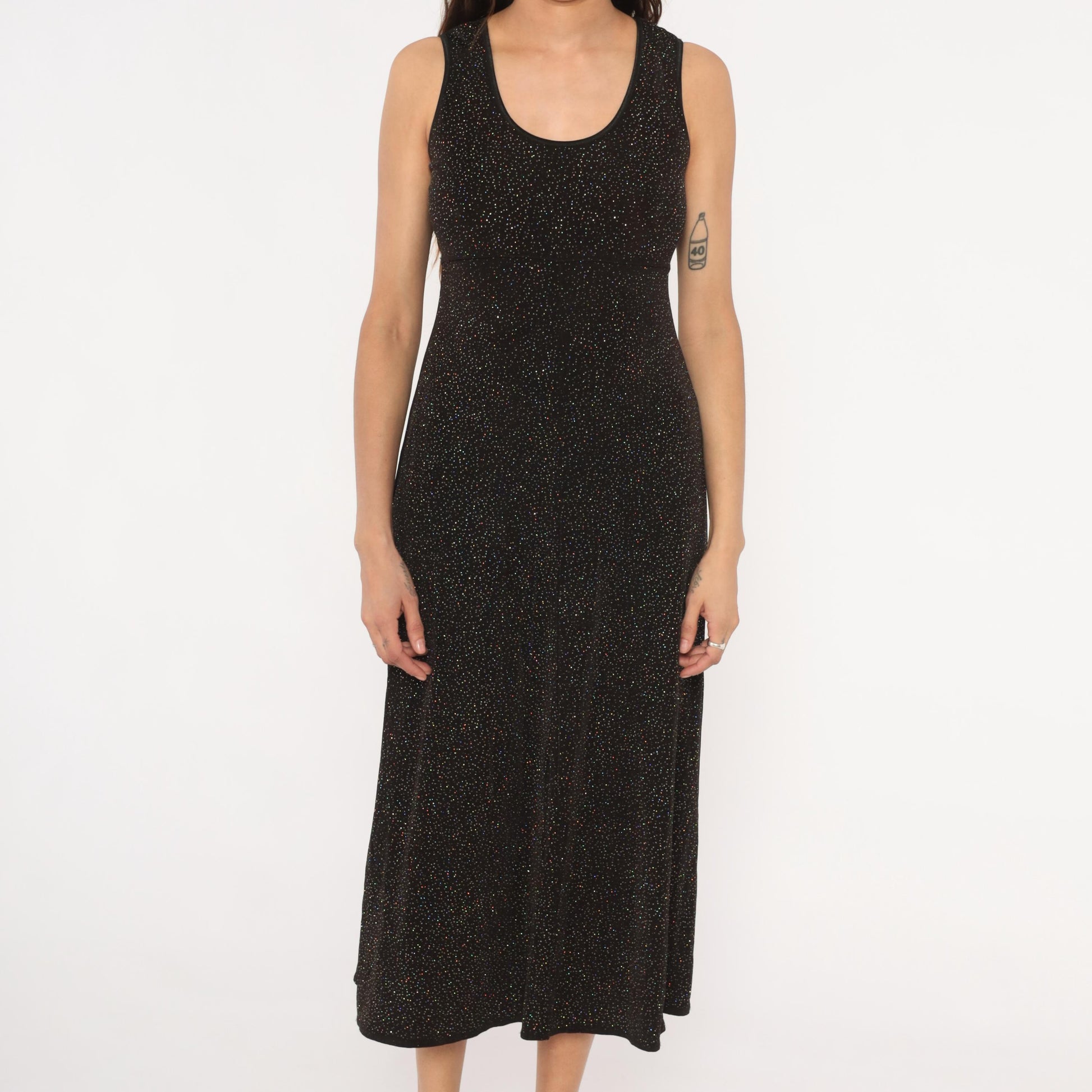 90s Rabbit Designs Black Glitter Maxi Dress Scoop Neck Empire Waist Medium M