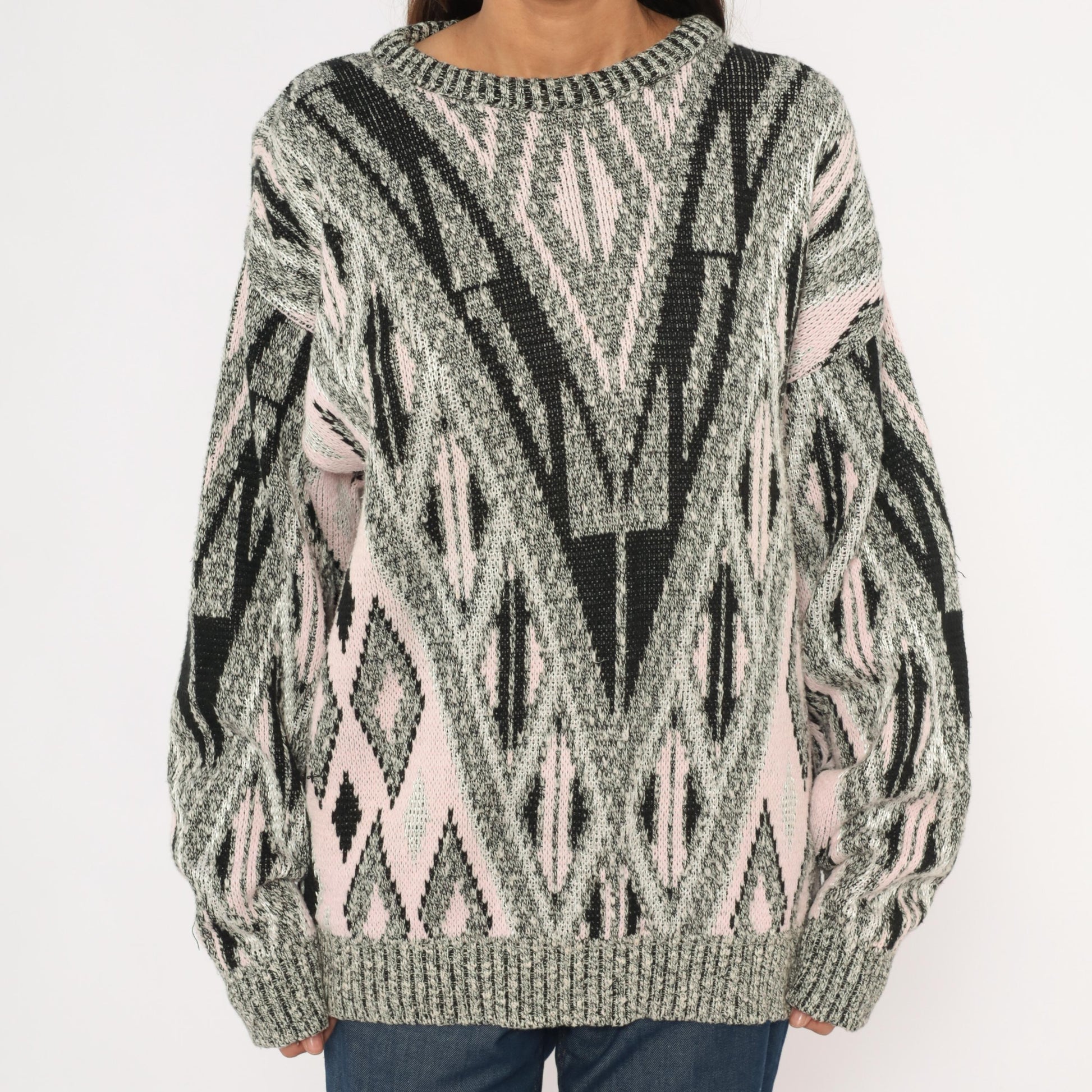 80s Elis Island Geometric Knit Sweater Grey Diamond Chevron Medium
