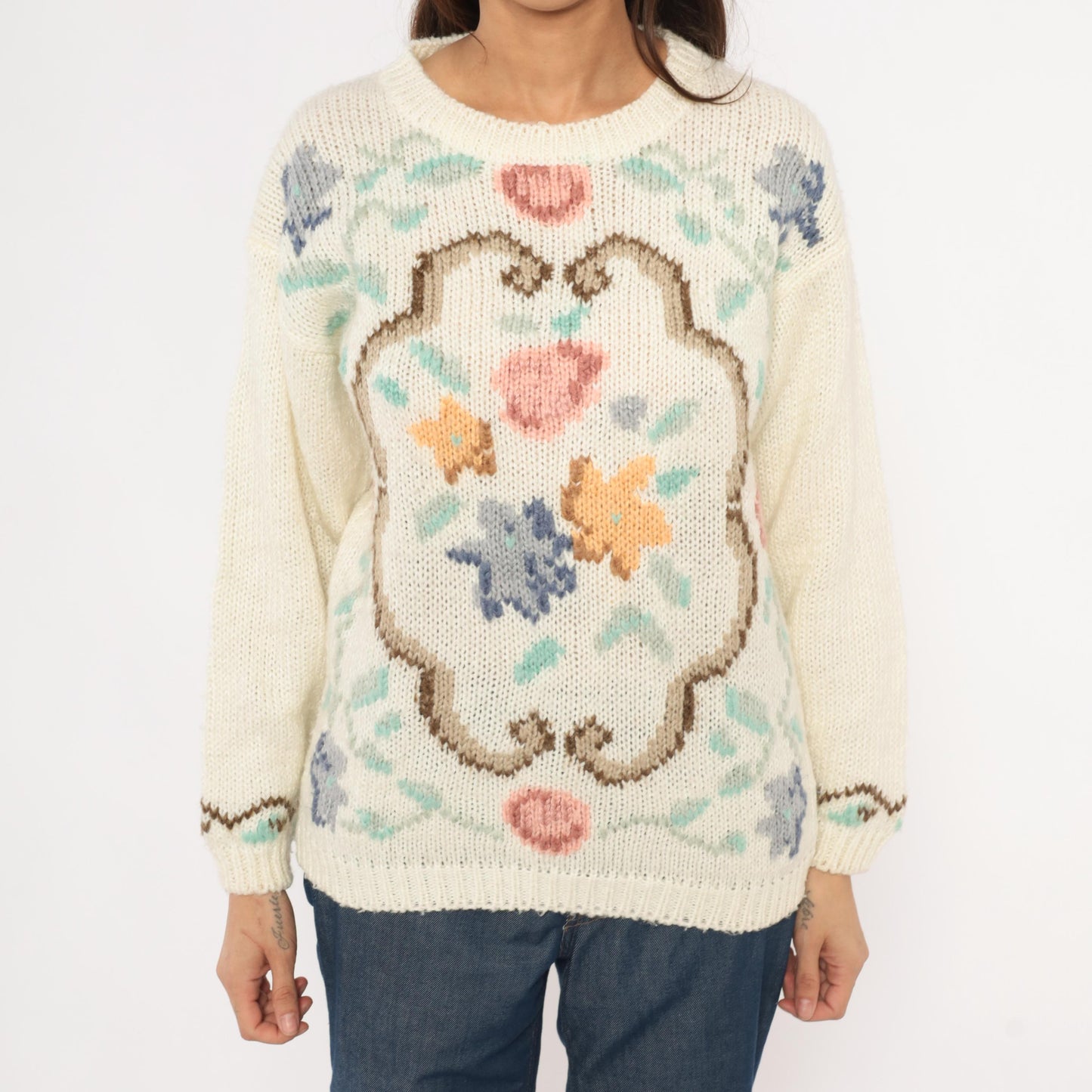 80s Partners by Mervyns Floral Intarsia Knit Crewneck Cream Pink Small