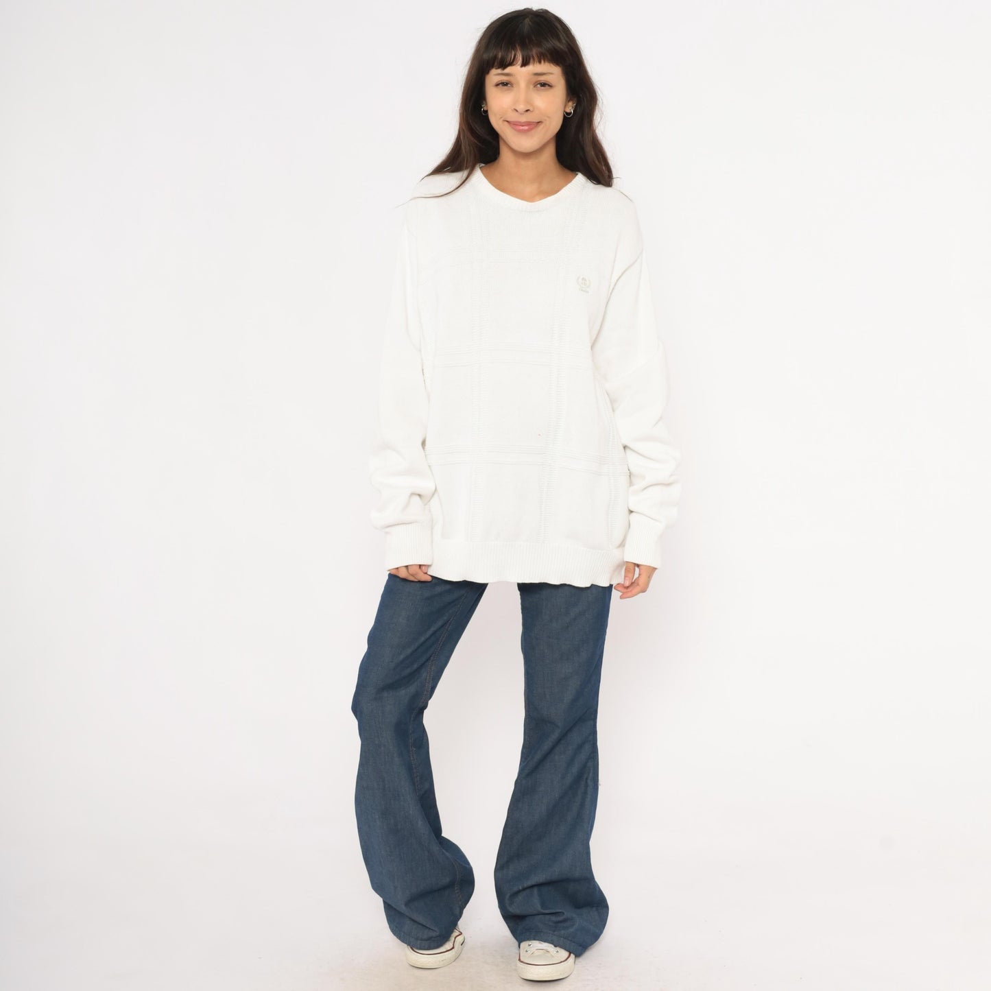 90s Izod Cotton Crewneck Sweater White Windowpane Grid Knit Large L